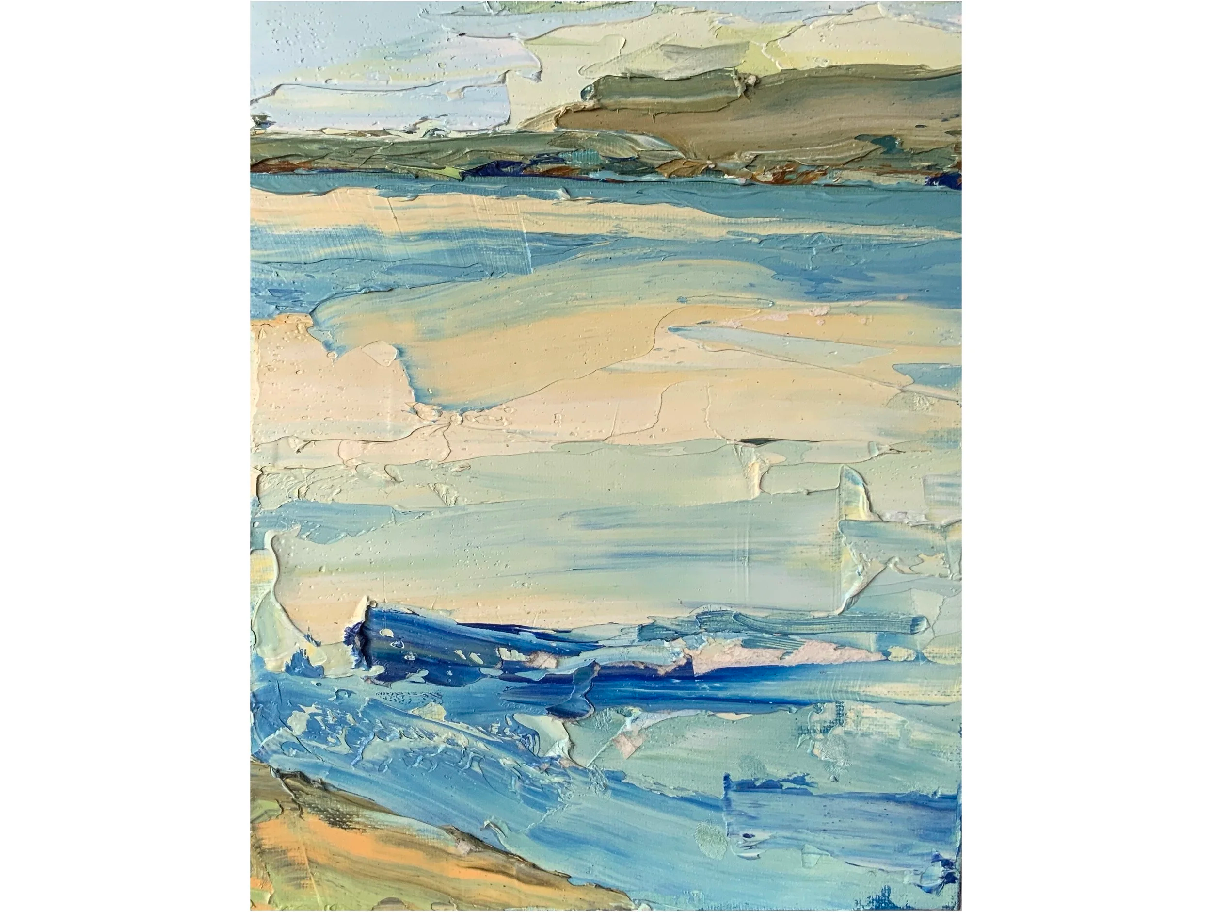 Abstract impressionist painting of a coastal scene with layered colors representing sky, land, and water, using thick textured brushstrokes in shades of blue, beige, and green.