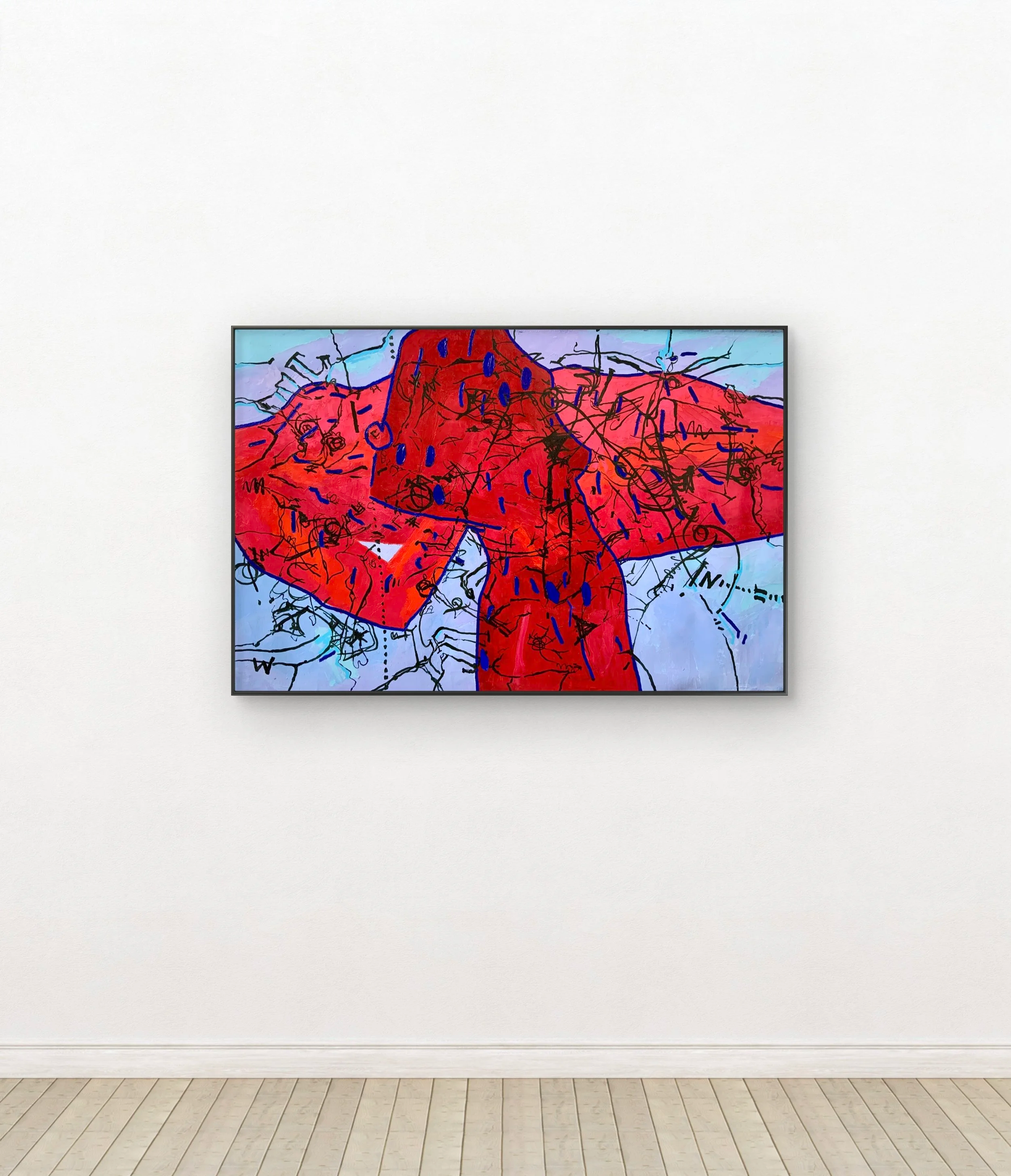 Abstract painting with red, blue, and black lines on a white background displayed on a gallery wall.