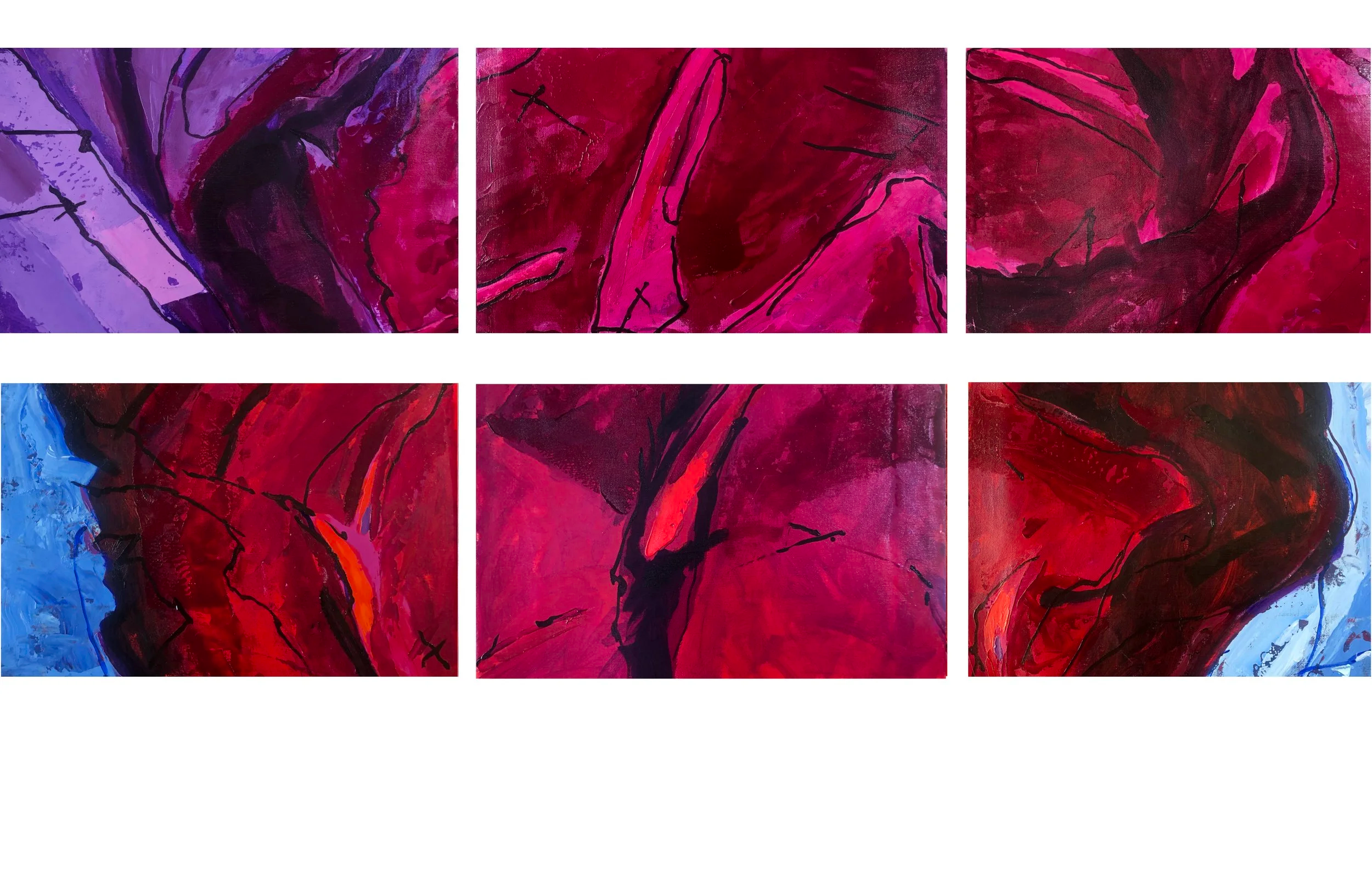 Six abstract paintings featuring bold red, pink, purple, and blue colors with black lines and accents.