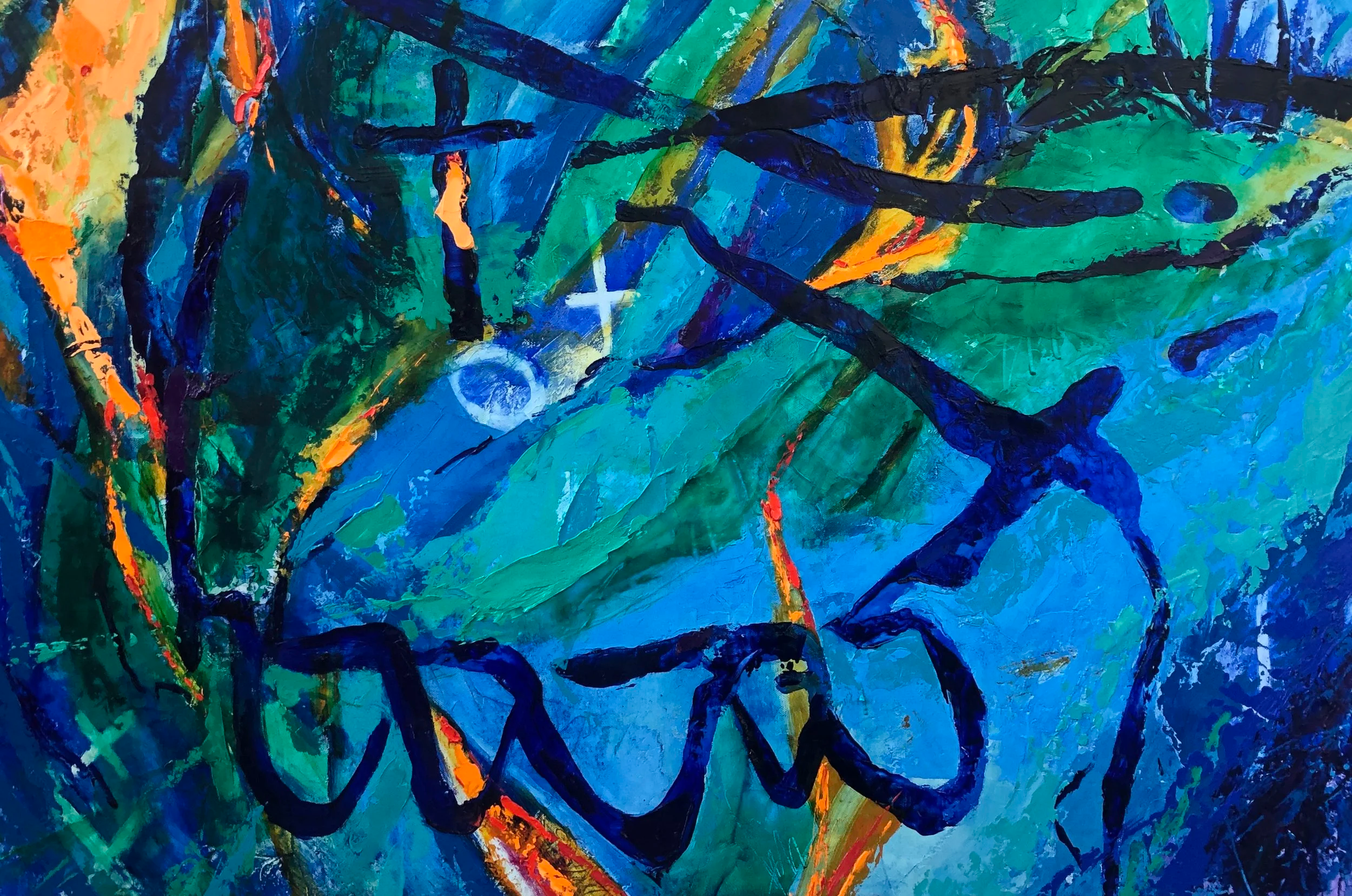 Abstract painting with blue, green, orange, and black colors, featuring bold black lines and a white plus sign with a circular detail.