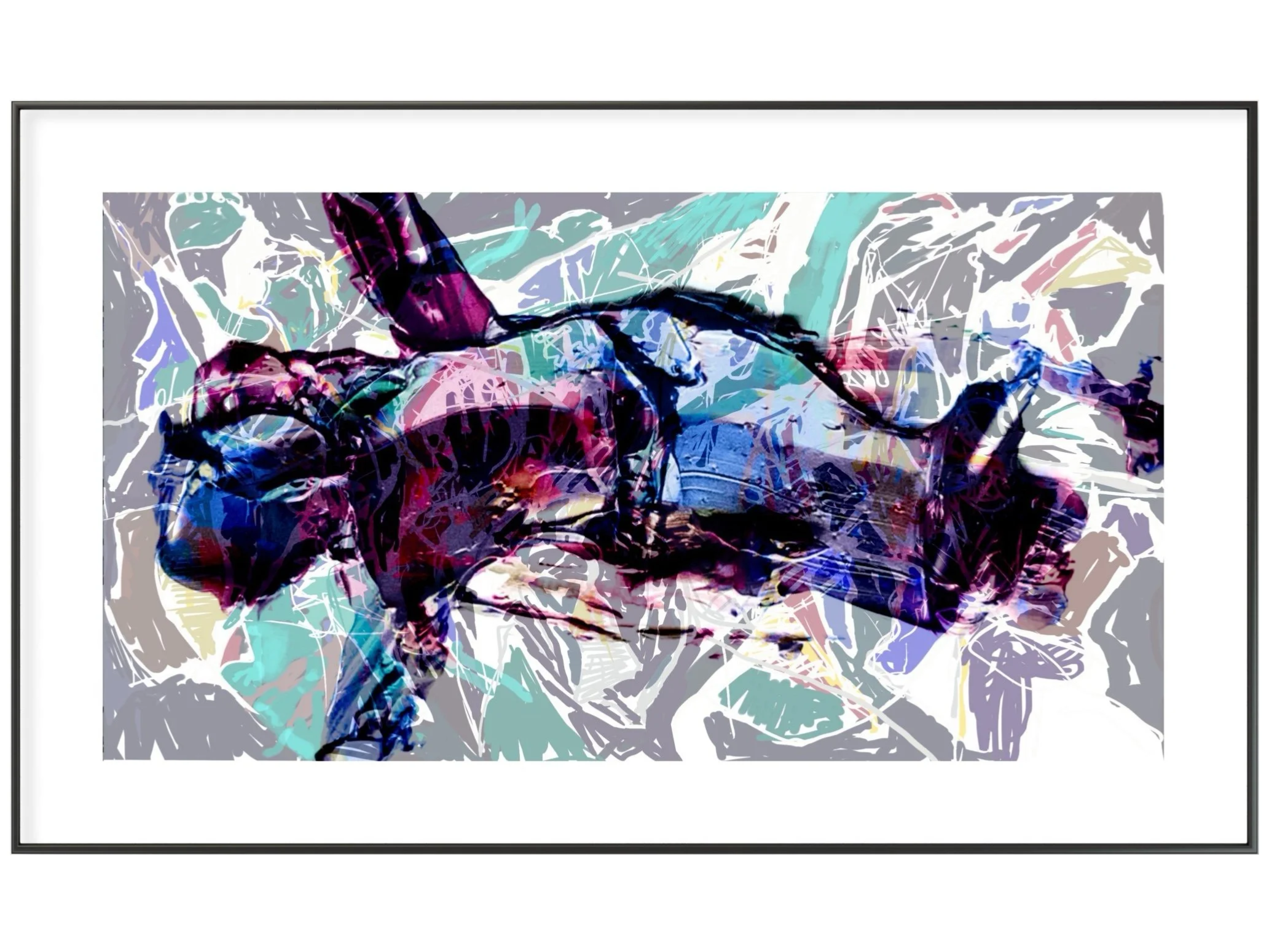 Abstract colorful digital artwork of a dog lying down, with a mix of blues, purples, and pinks, and a background of various geometric shapes and lines.