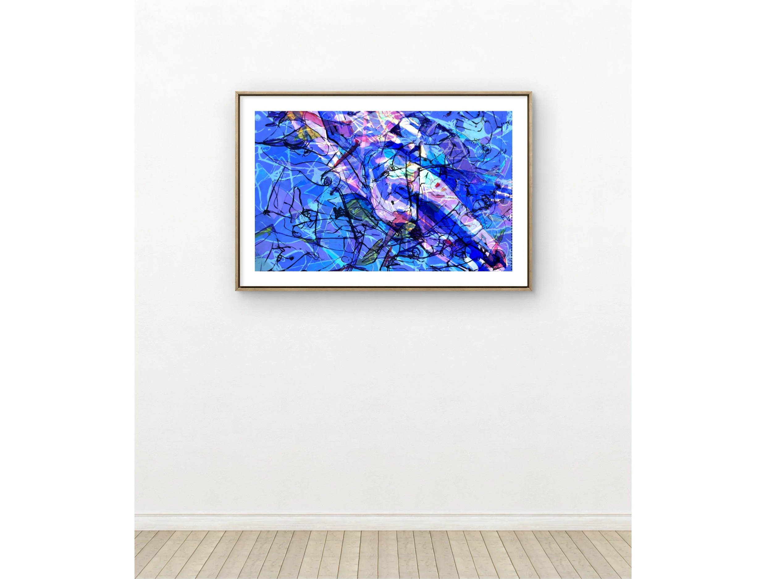 Abstract painting with predominantly blue colors and energetic black, pink, and purple streaks, framed and hanging on a white gallery wall.