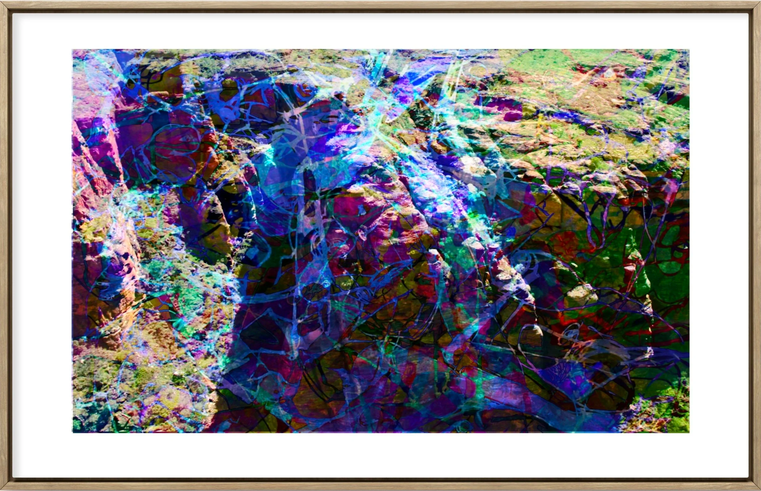 A colorful, abstract digitally edited photo of mountains and grass.