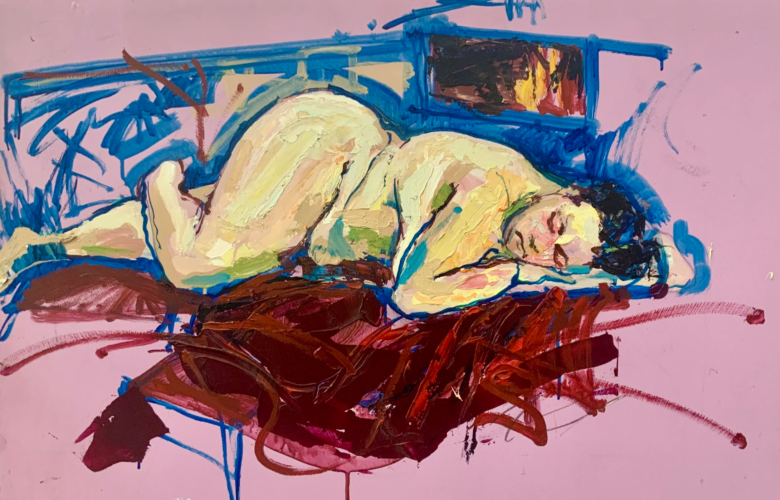 A colorful abstract painting of a woman sleeping on a bed with a pink background, using expressive brushstrokes and vivid colors.