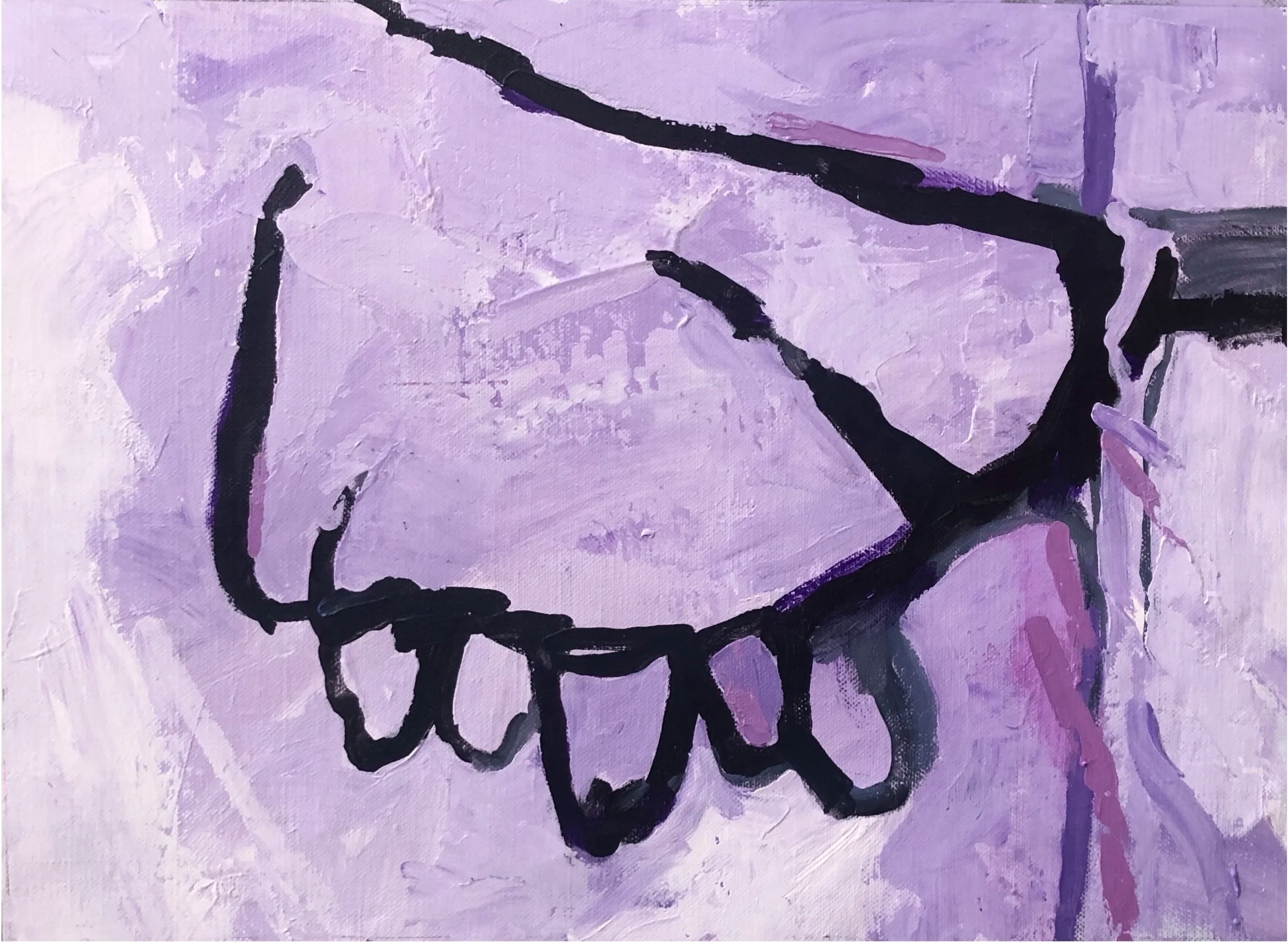 Abstract painting with black lines and purple background.