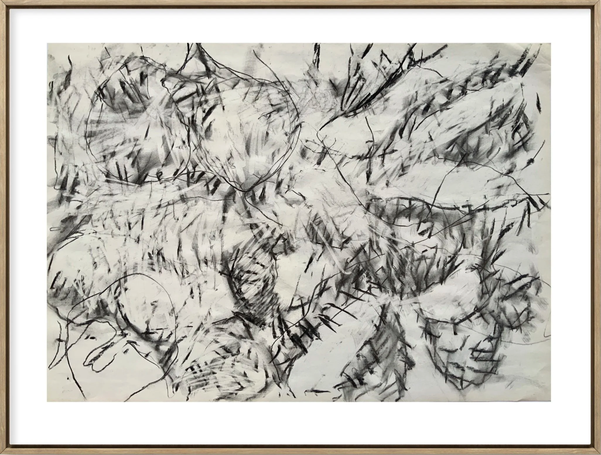 Abstract black and white drawing with overlapping lines and shapes, resembling a sketch of a person or face with intricate details.