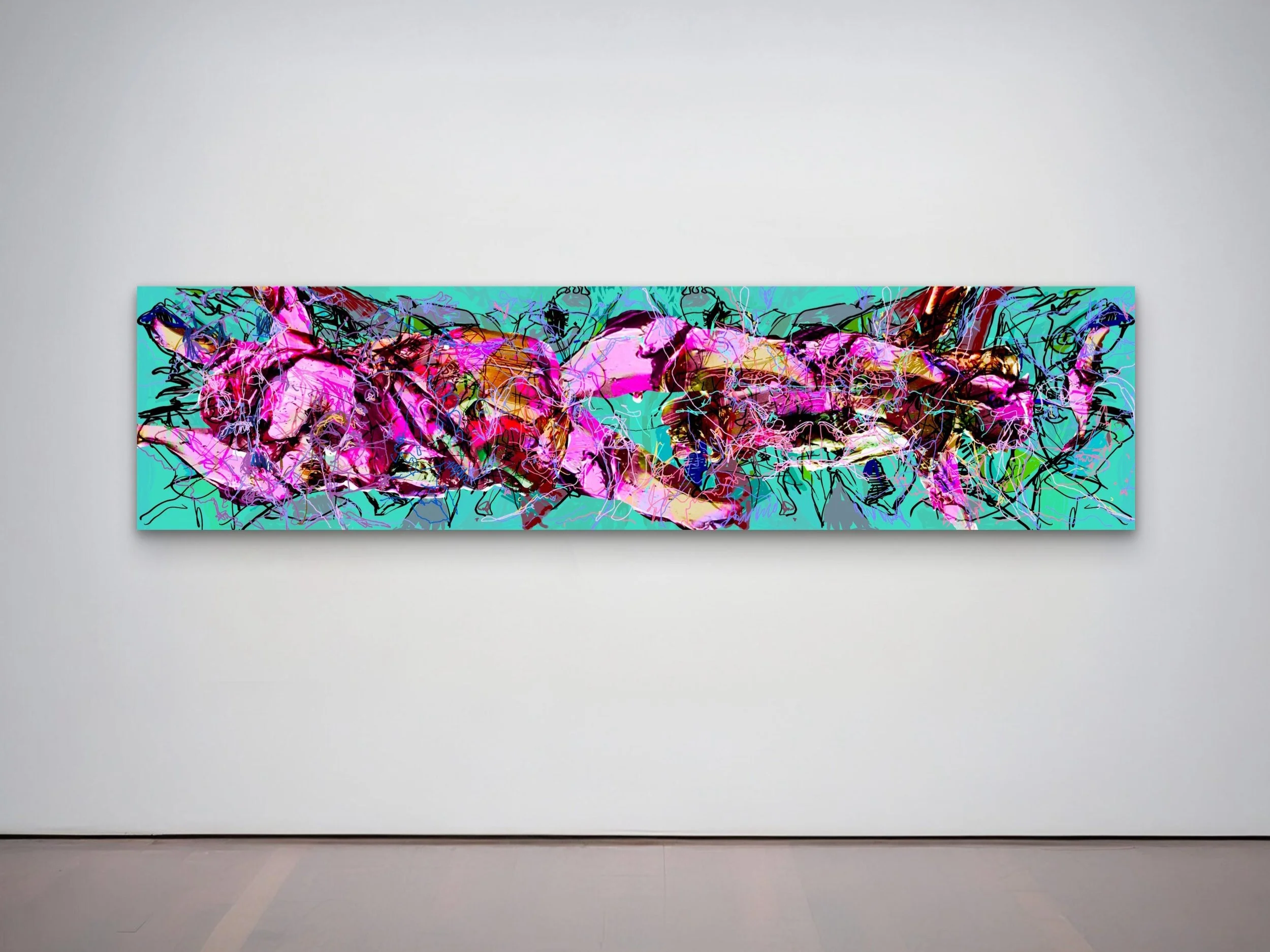An abstract, colorful painting with pink, purple, and blue hues, displayed on a white gallery wall.