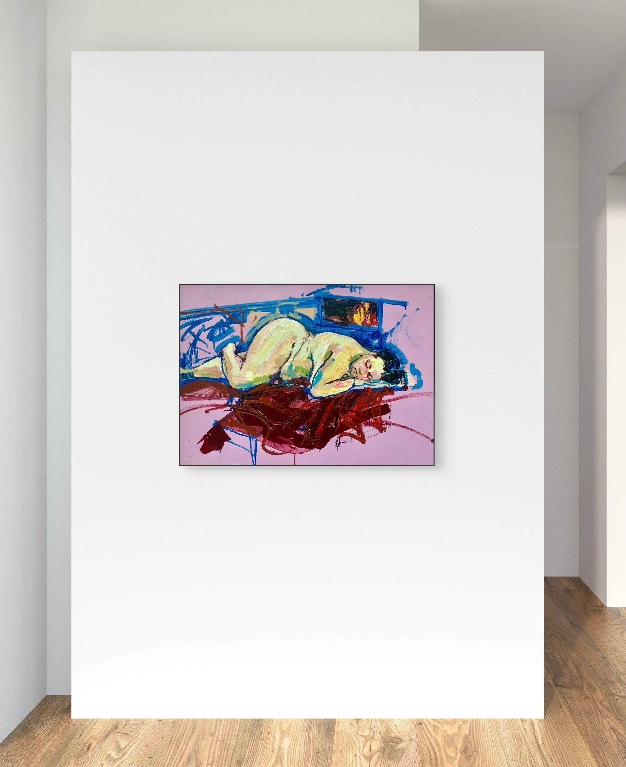 Abstract painting of a nude woman lying on a bed with a pink background.