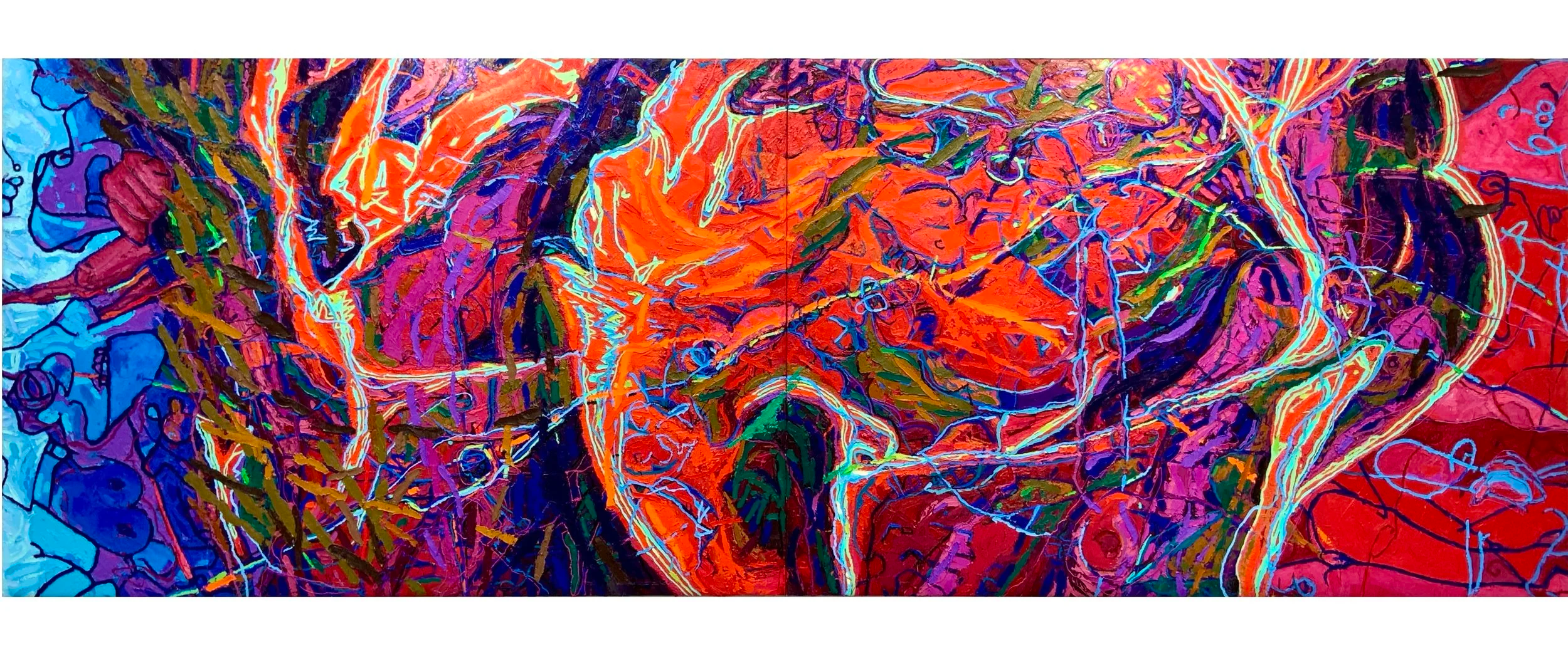 Abstract colorful painting with swirling orange, purple, blue, pink, and green lines and shapes.