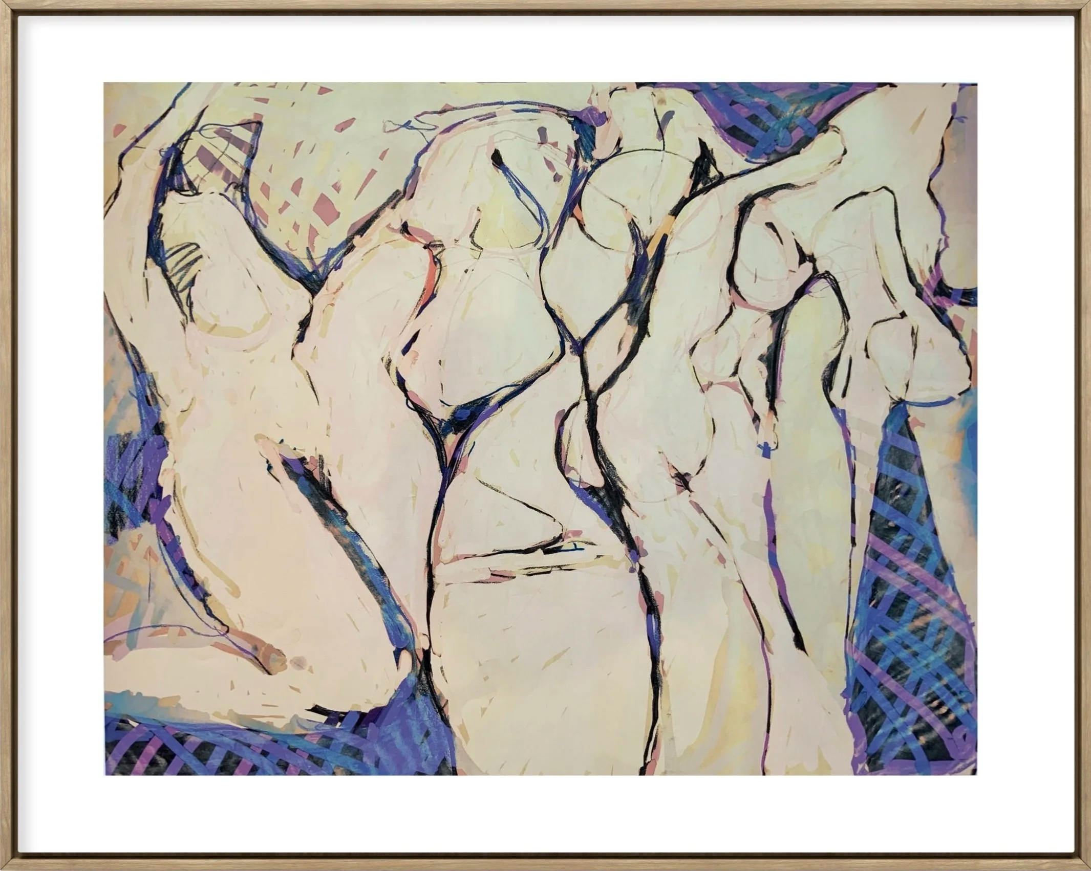 Abstract line art painting of two nude women lying on a bed with blue and purple patterned sheets.