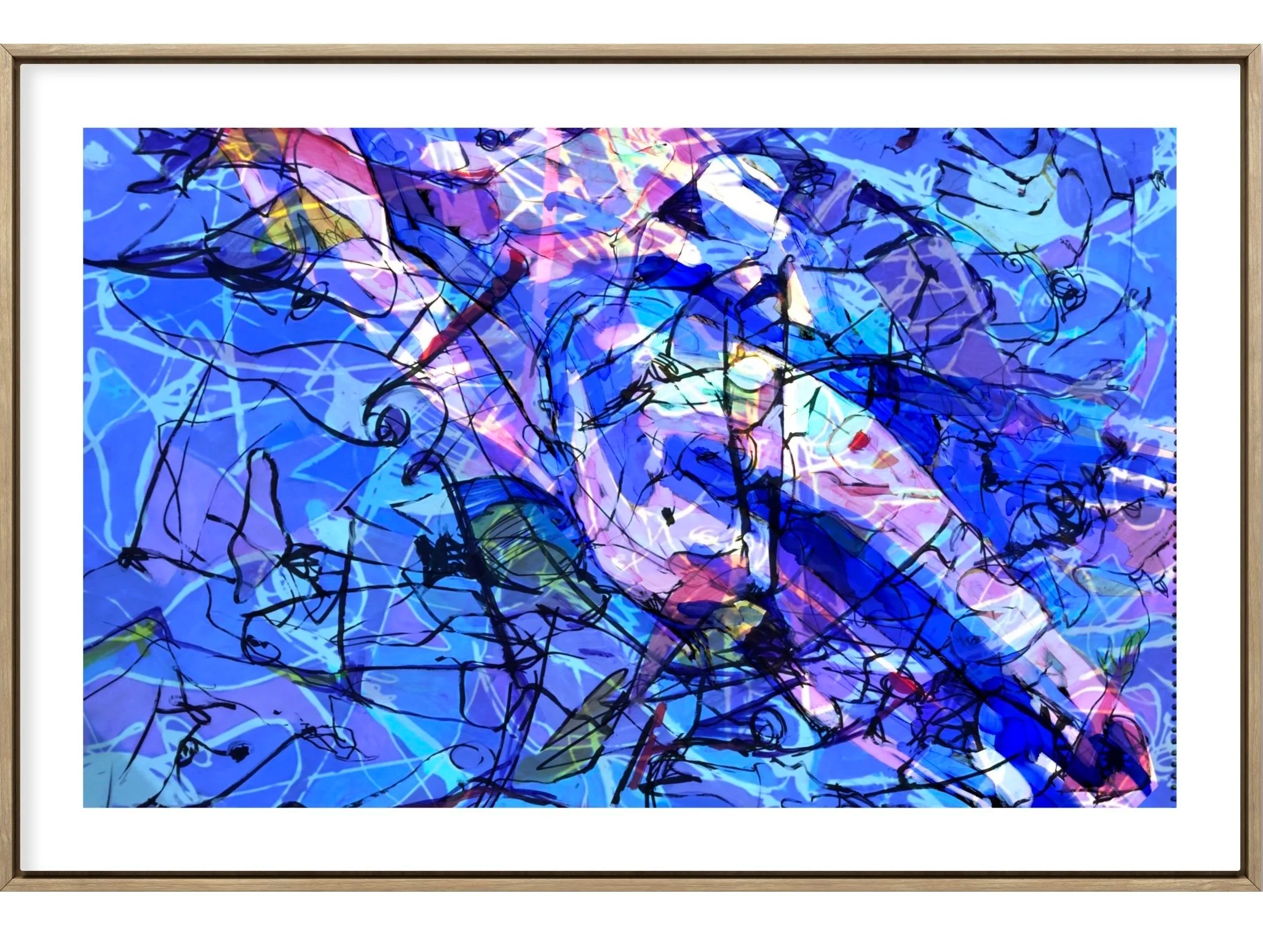 Abstract digital artwork with shades of blue, pink, purple, and green, featuring chaotic lines and patterns.