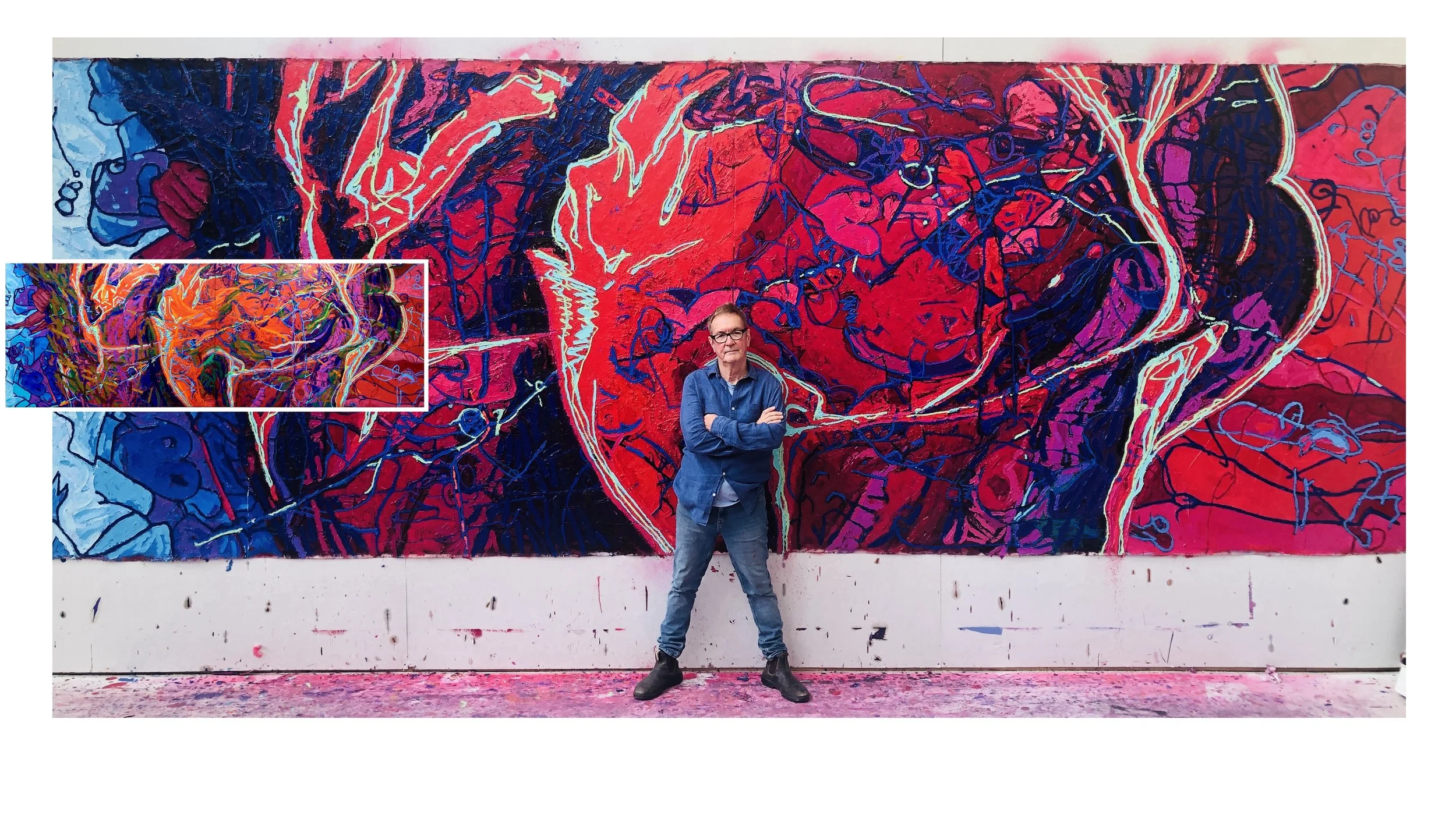 Person standing with arms crossed in front of a large colorful abstract painting with red, blue, purple, and orange hues, on a white wall. A smaller inset shows a close-up of the painting's intricate lines and textures.