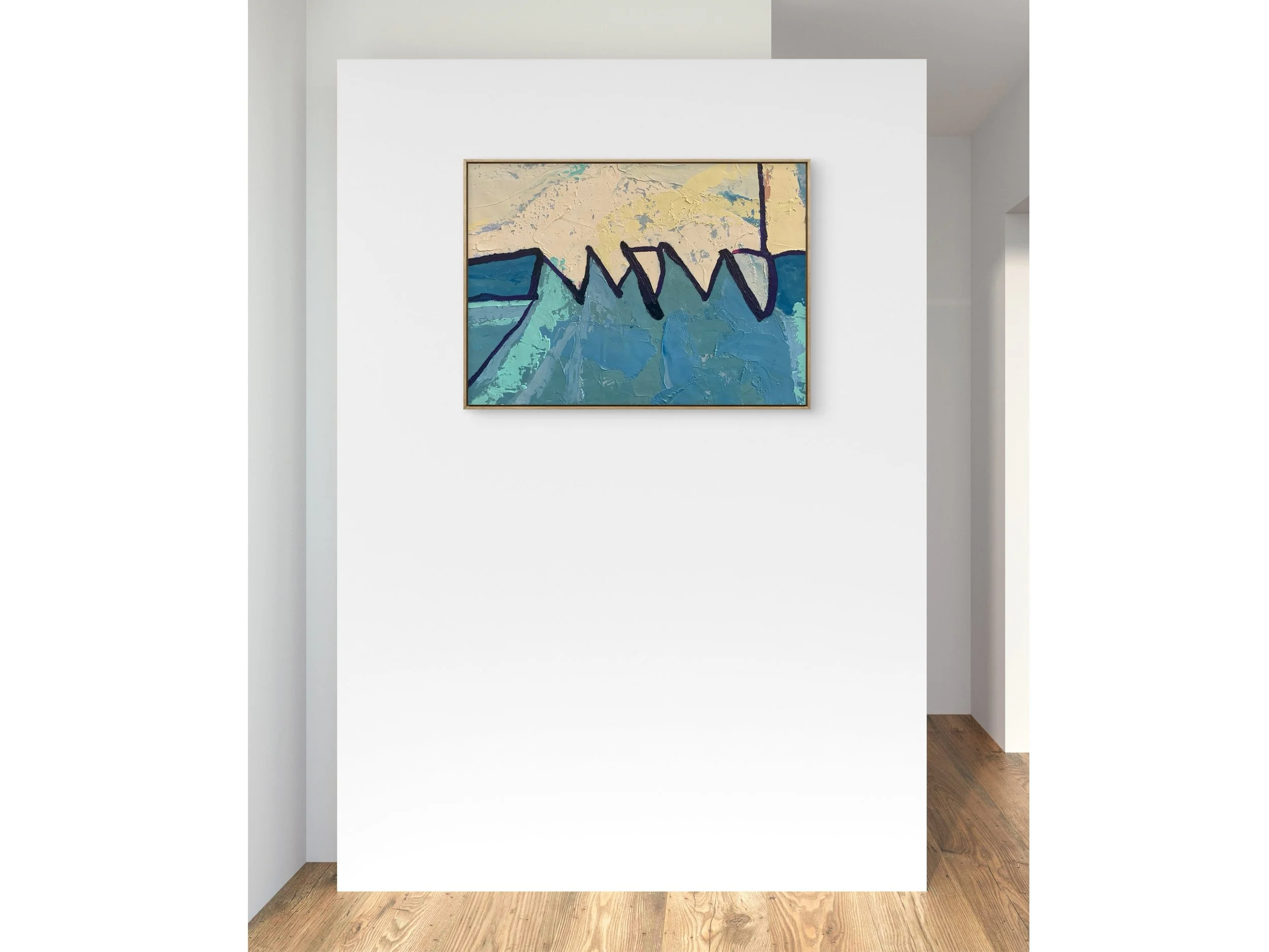 Abstract landscape painting with blue and beige tones hanging on a white wall display in an art gallery.