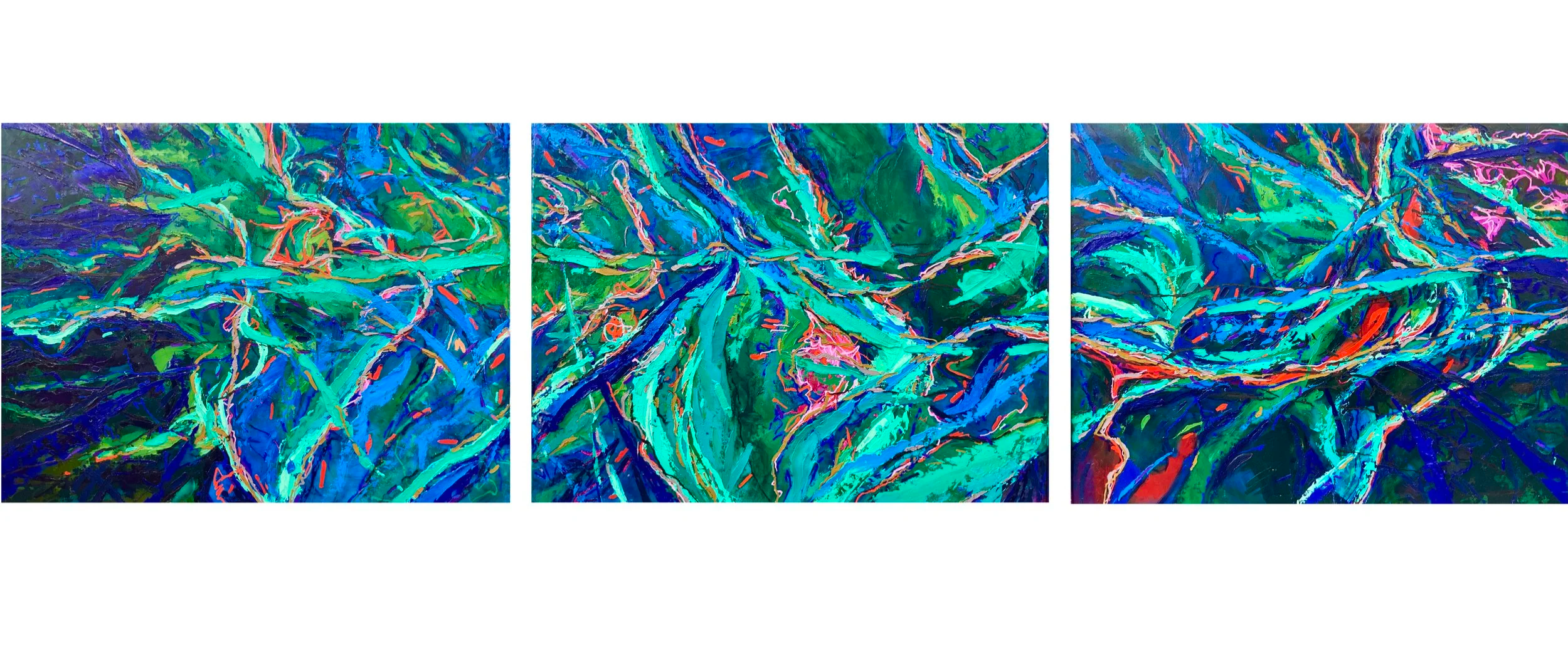 Three panel abstract art with vibrant colors and swirling lines resembling a chaotic natural scene.