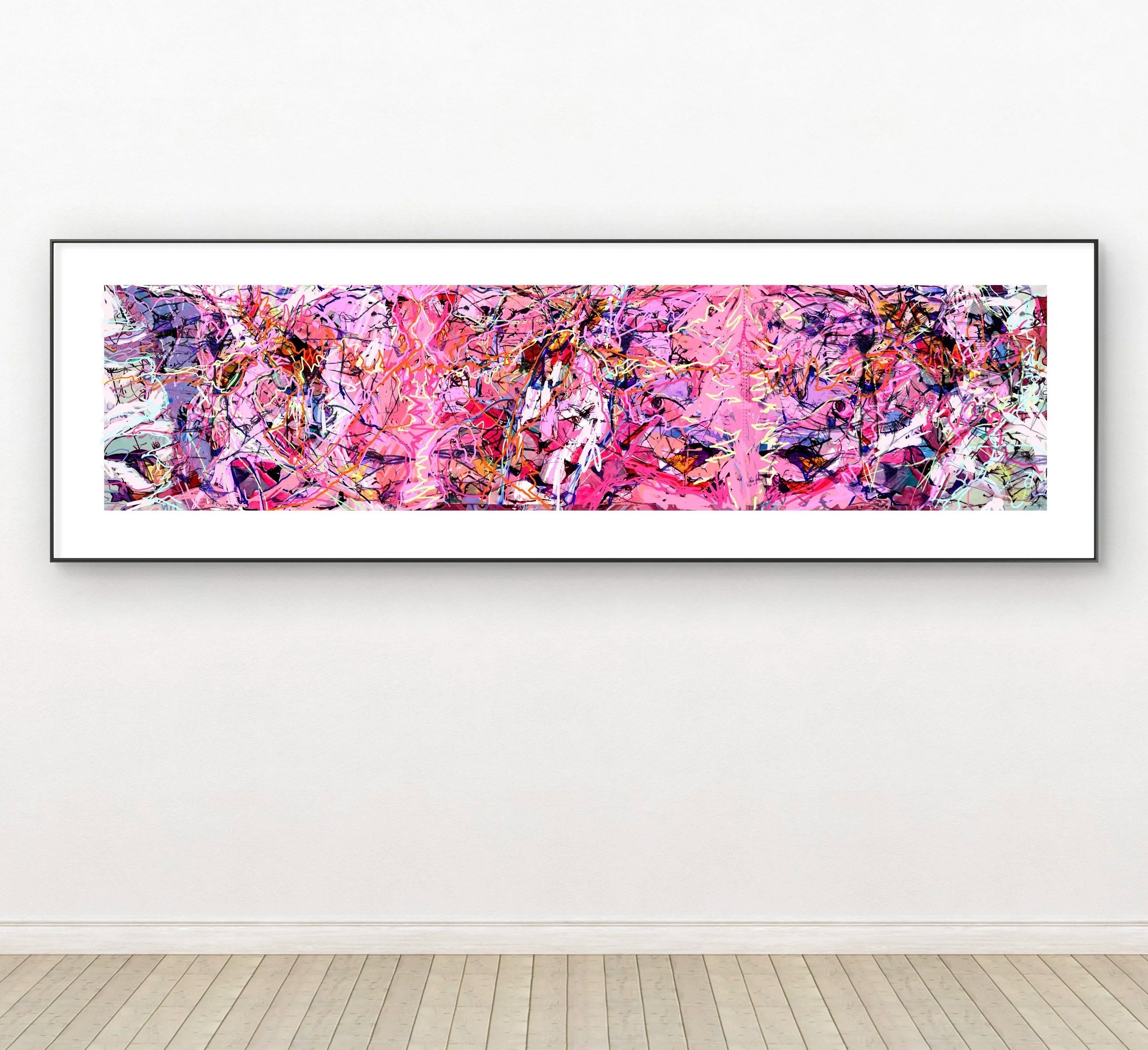 A large, colorful abstract painting with pinks, purples, black, and white, displayed in a wide black frame on a white gallery wall.