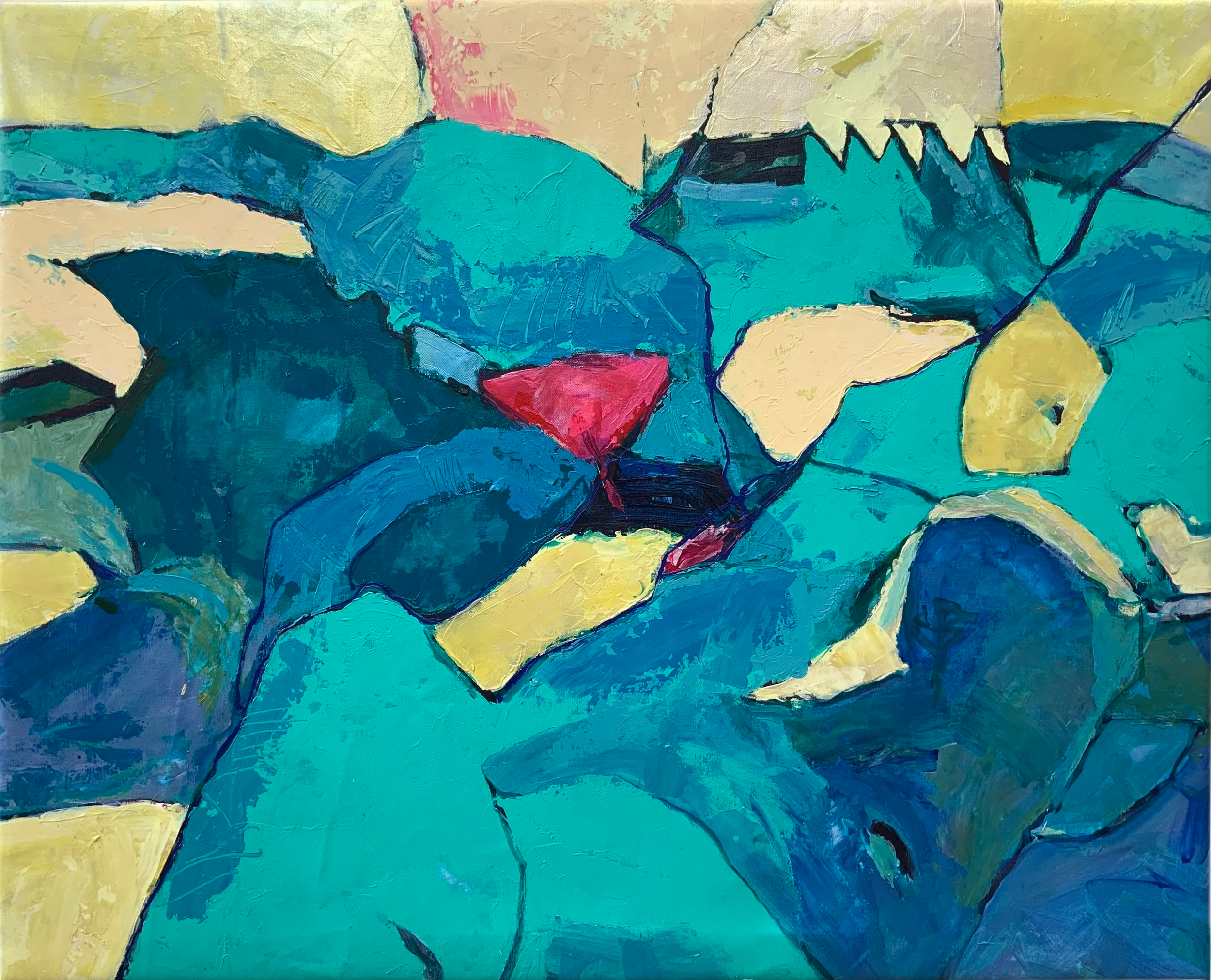 Abstract painting with overlapping shapes in shades of blue, yellow, pink, and black.