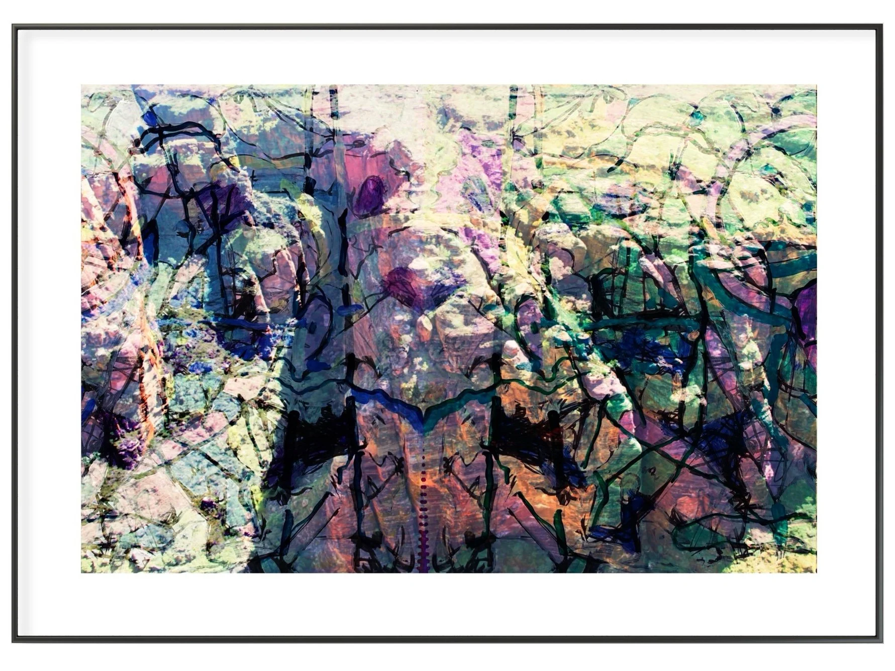 Abstract colorful artwork with dark line patterns overlaid on a mosaiced background.