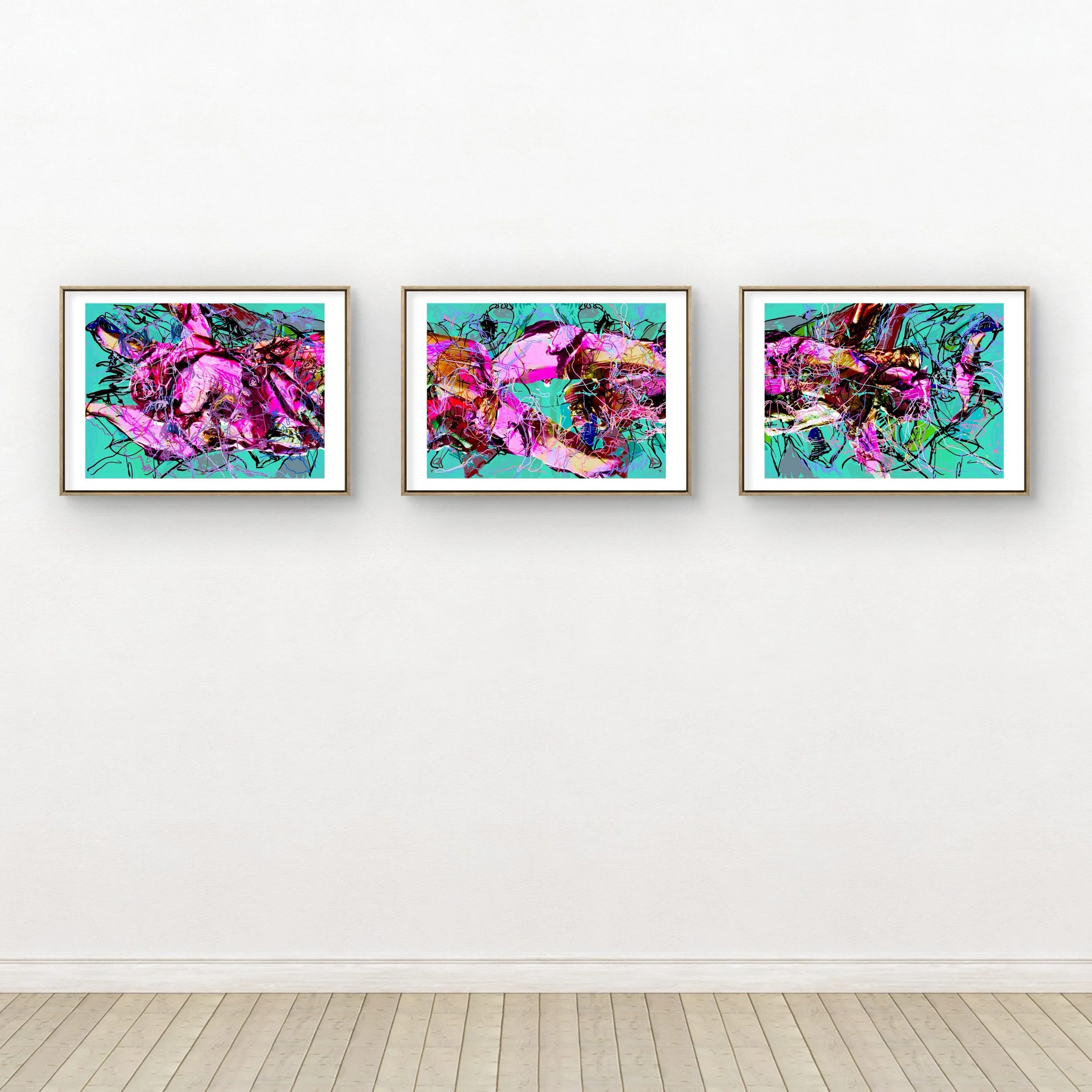 Three abstract paintings with vivid colors and chaotic lines, framed and hung on a white gallery wall.