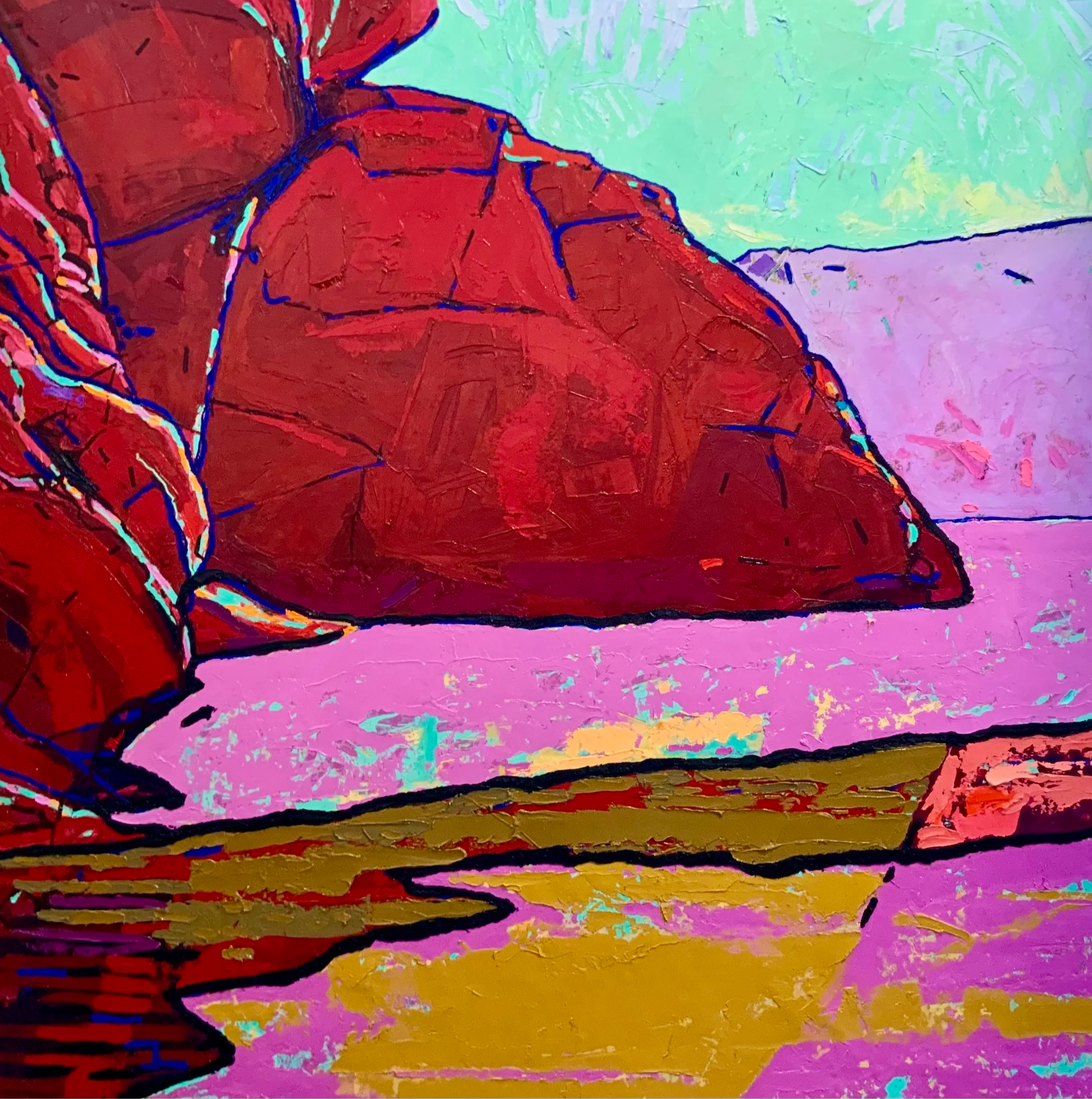 A colorful, abstract painting of a mountain landscape with red mountains, pink foreground, and green and purple sky.
