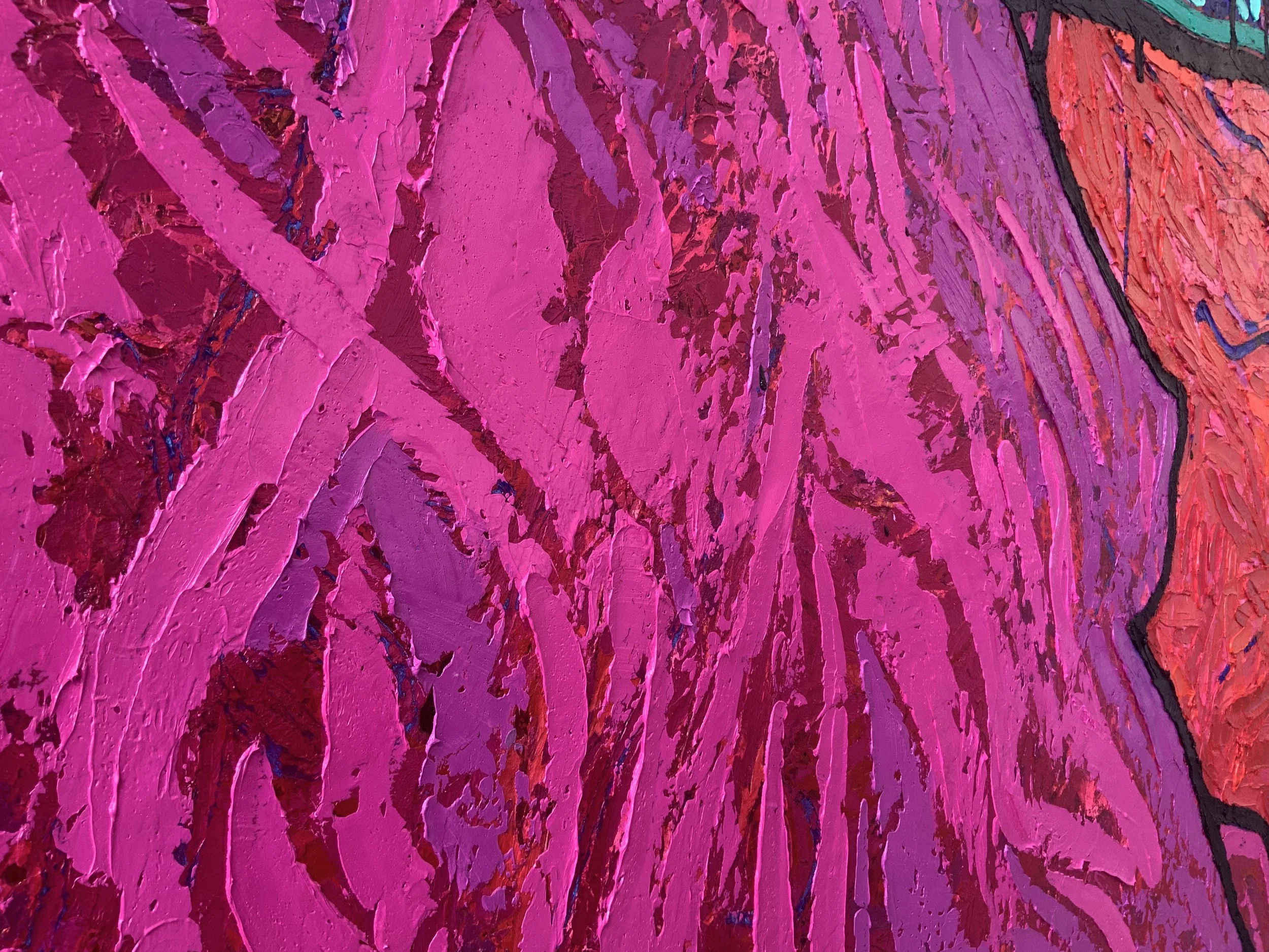 Close-up of an abstract painting featuring bold pink and purple brush strokes with textured, layered paint and a corner of orange and teal colors on the right.