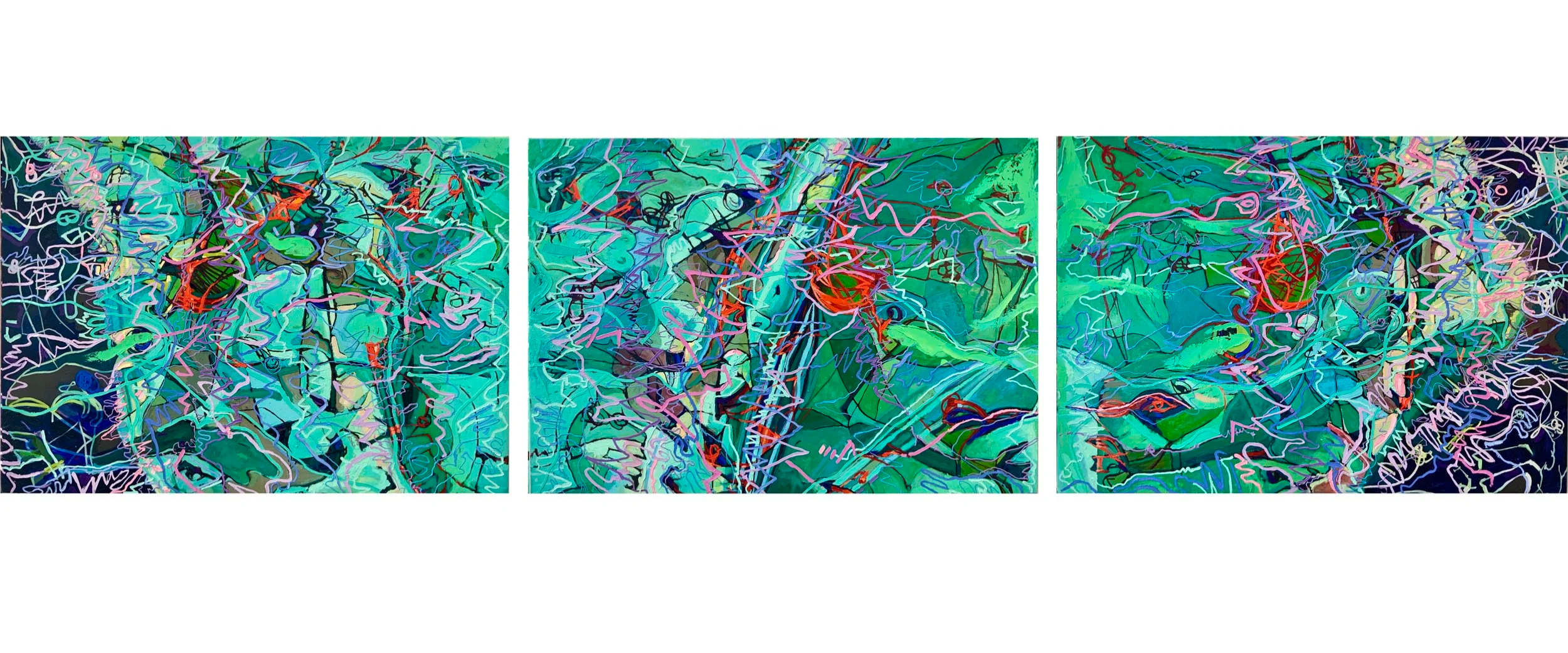 Triptych abstract painting with vibrant splashes of blue, green, red, pink, and purple lines and shapes creating a chaotic but colorful composition.