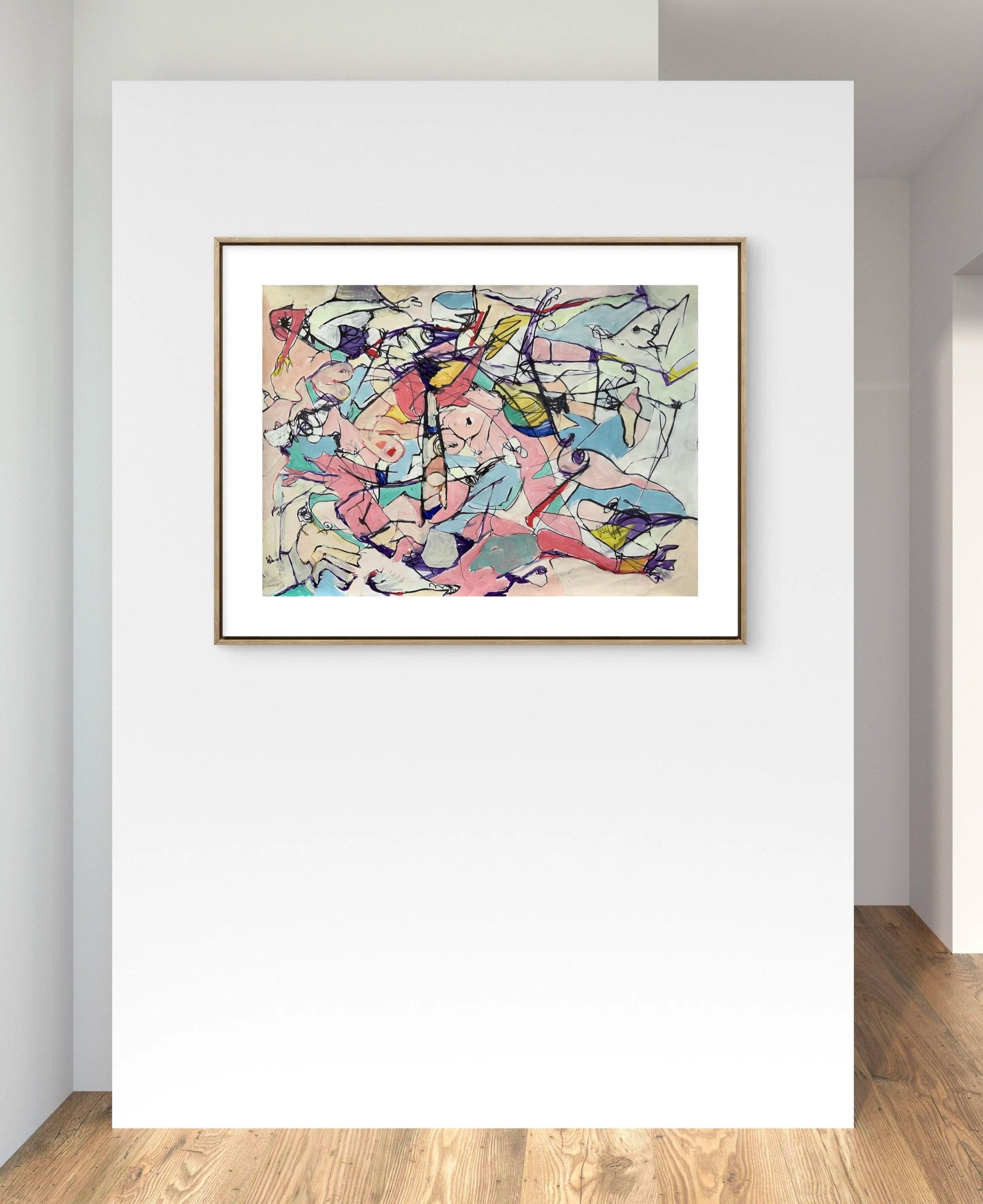 Colorful abstract painting in a gallery.