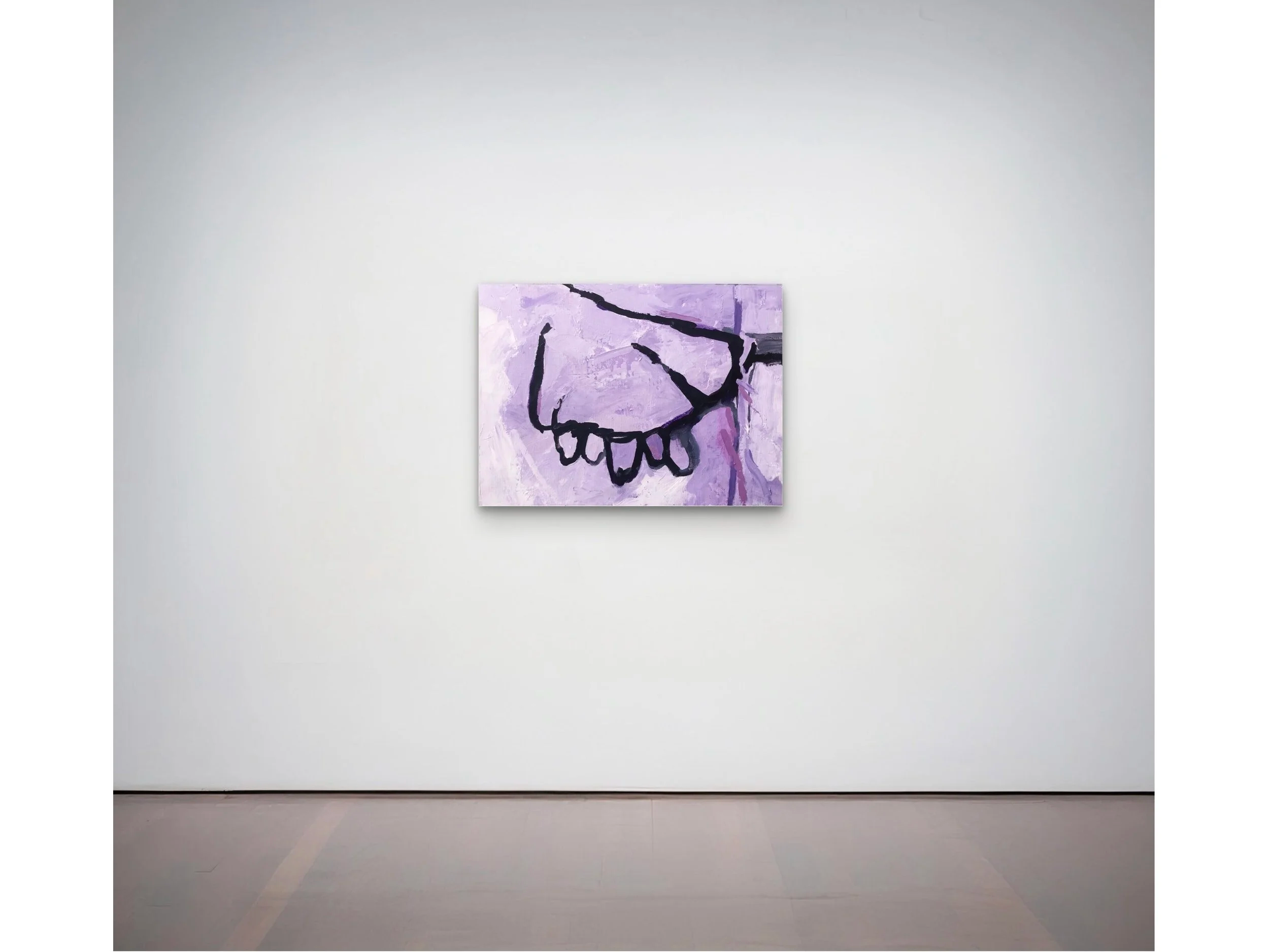Abstract painting featuring a line drawing of a face in black on a purple background, displayed on a white gallery wall.