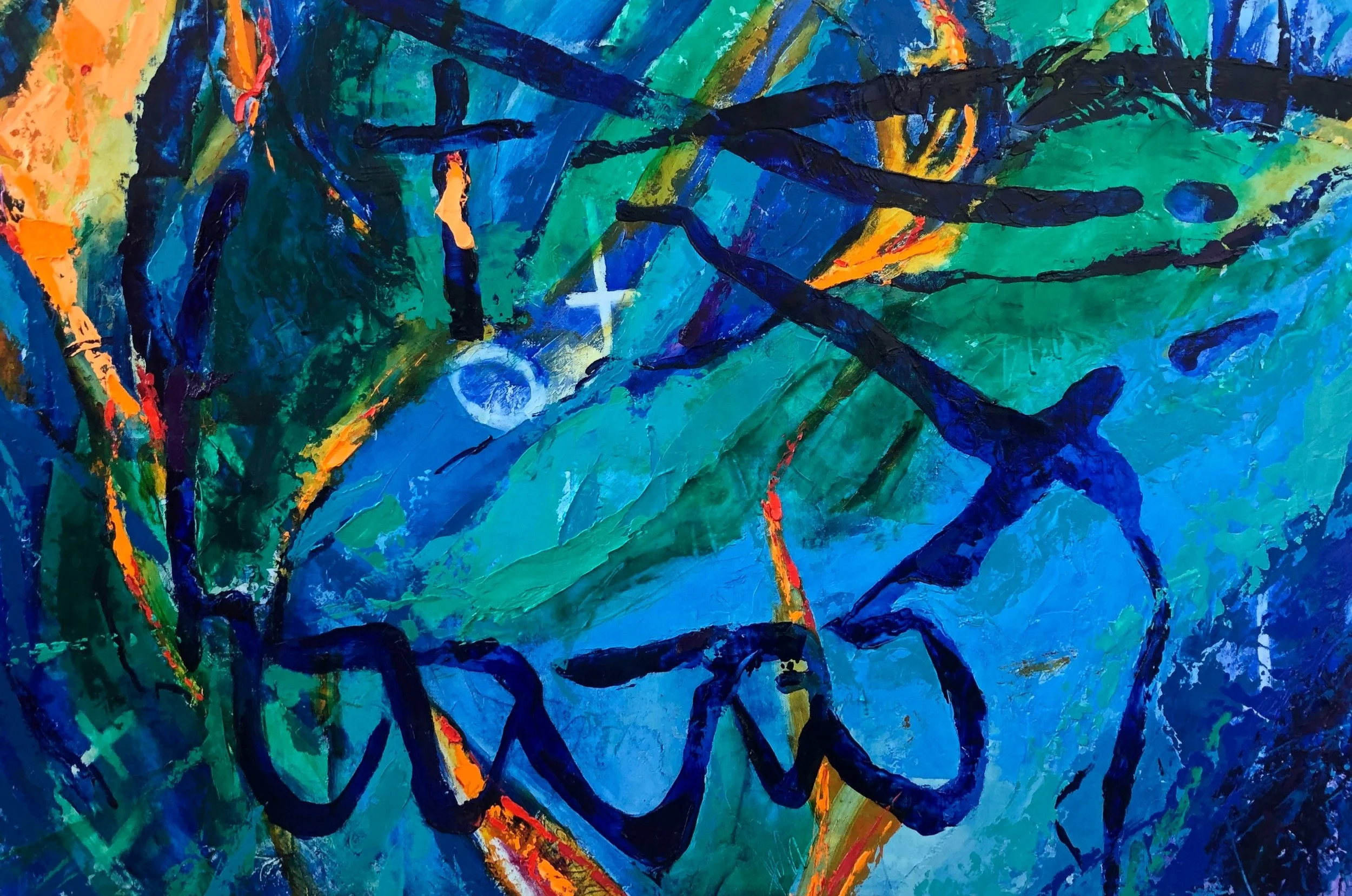 Abstract painting with vibrant shades of blue, green, orange, and yellow, featuring bold black and blue lines and a white star and circle symbol.
