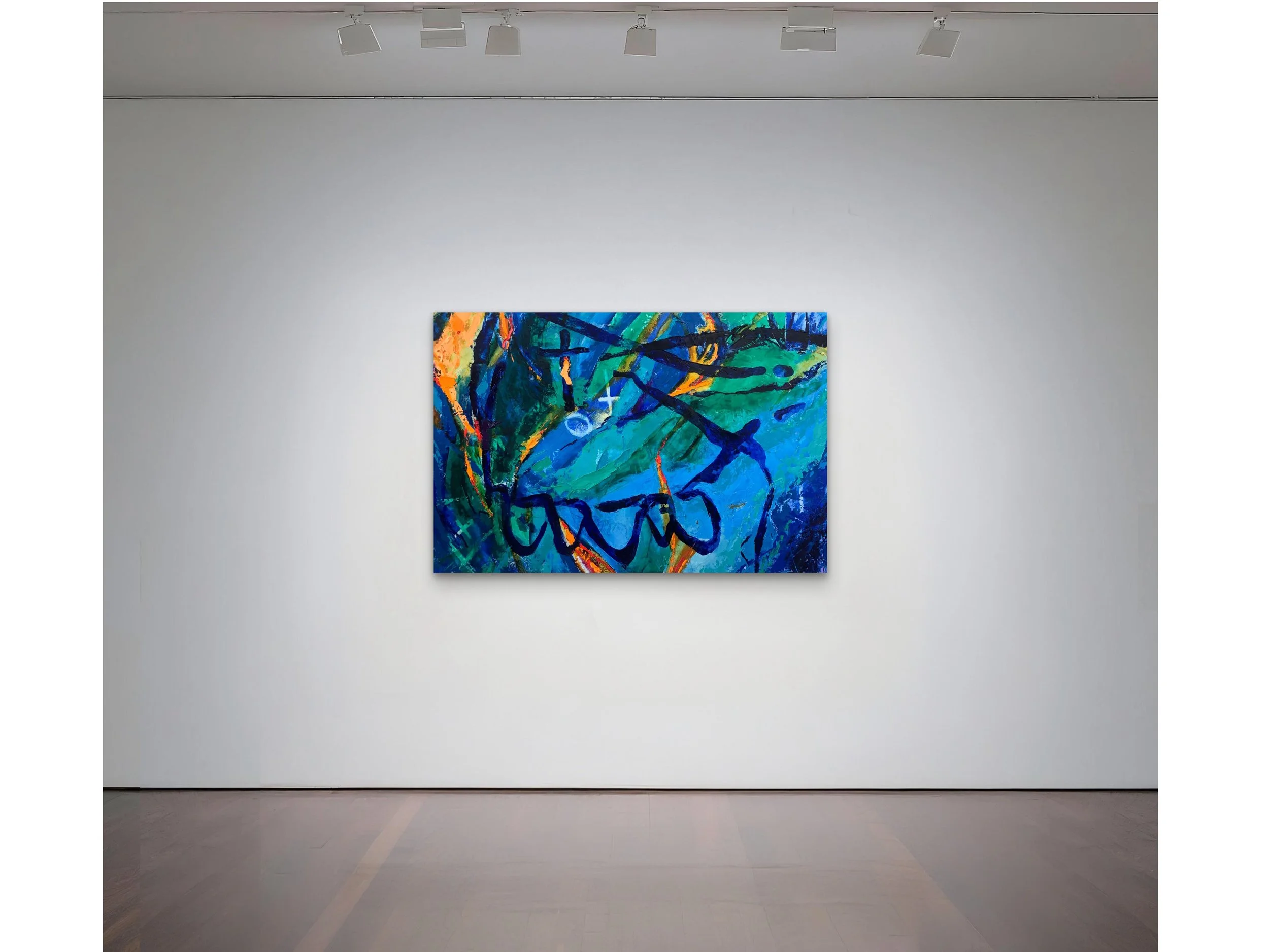 Abstract colorful painting displayed on a white gallery wall.