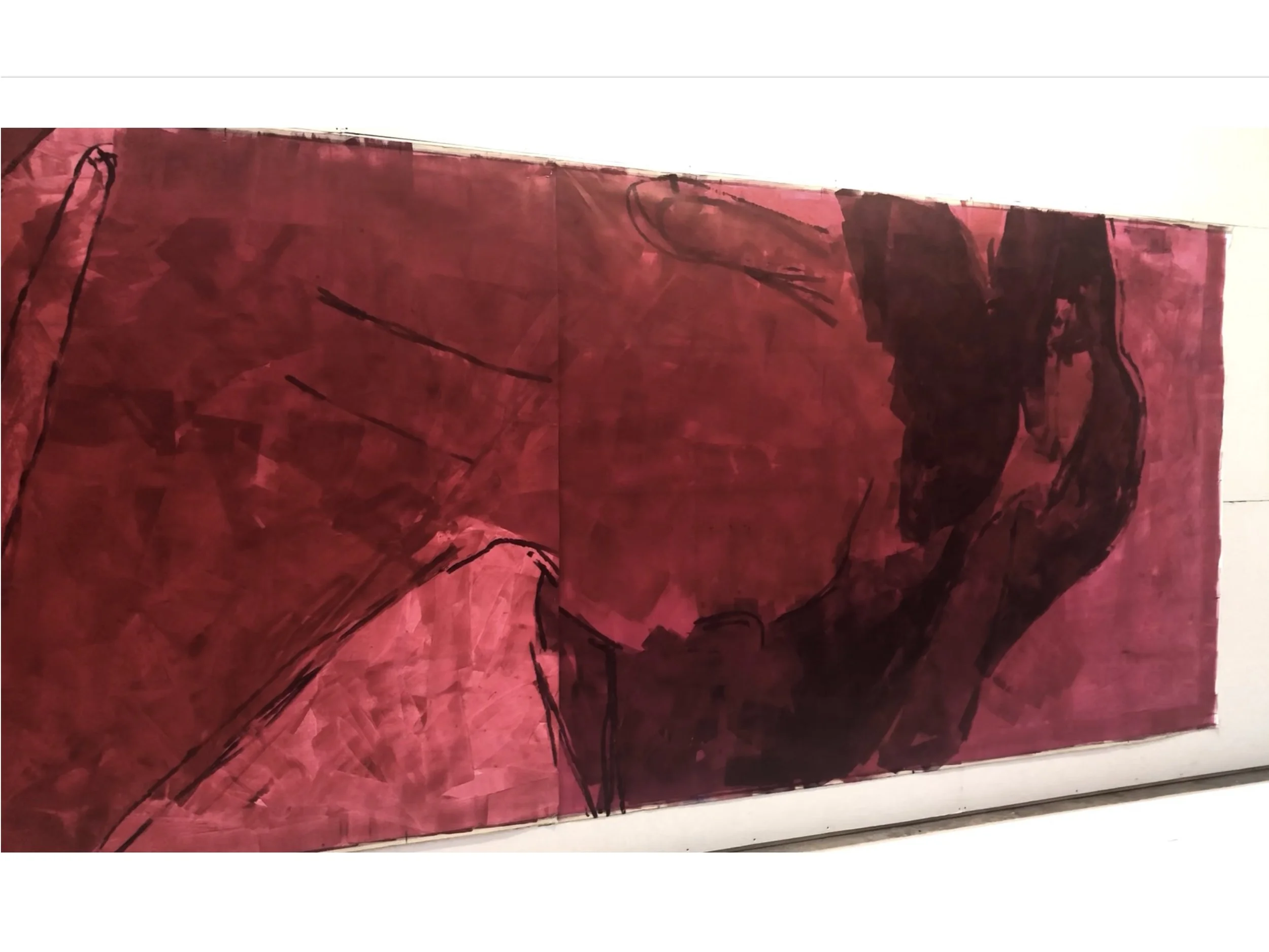 Abstract painting with various shades of red and black, featuring bold, expressive brushstrokes and forms.