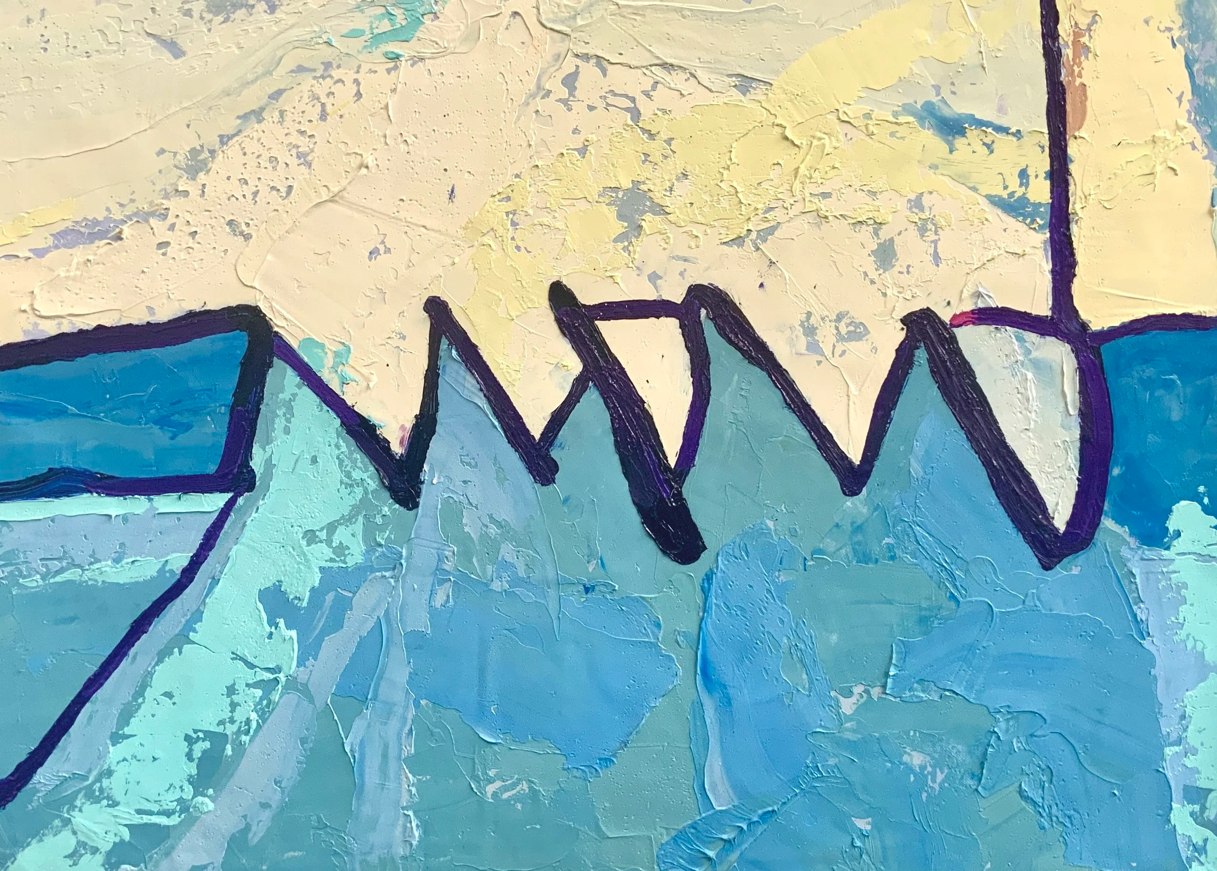 Abstract painting with mountains and sky in shades of blue, green, yellow, and purple, with textured brushstrokes.