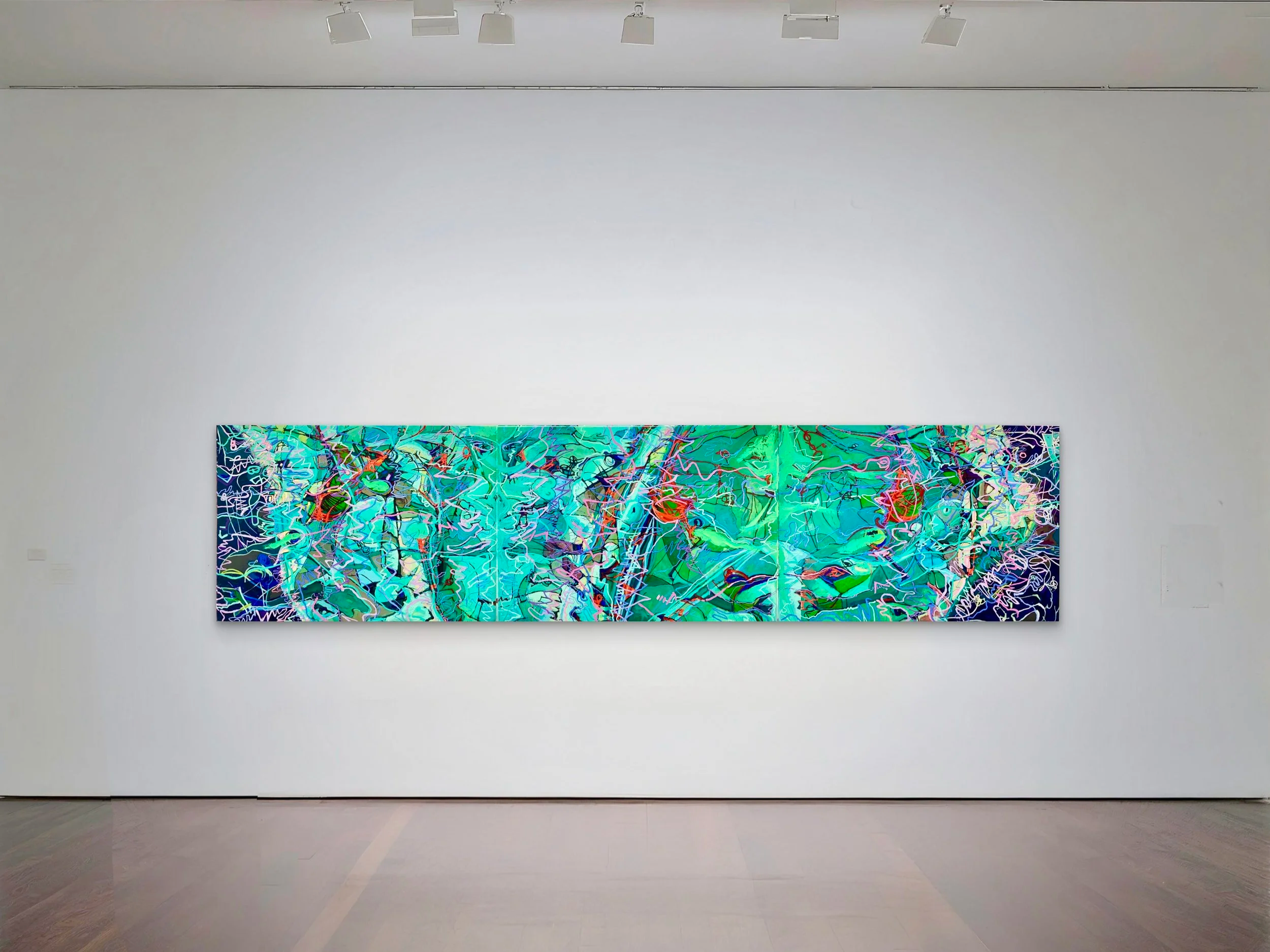 A large, colorful abstract painting displayed on a white gallery wall.