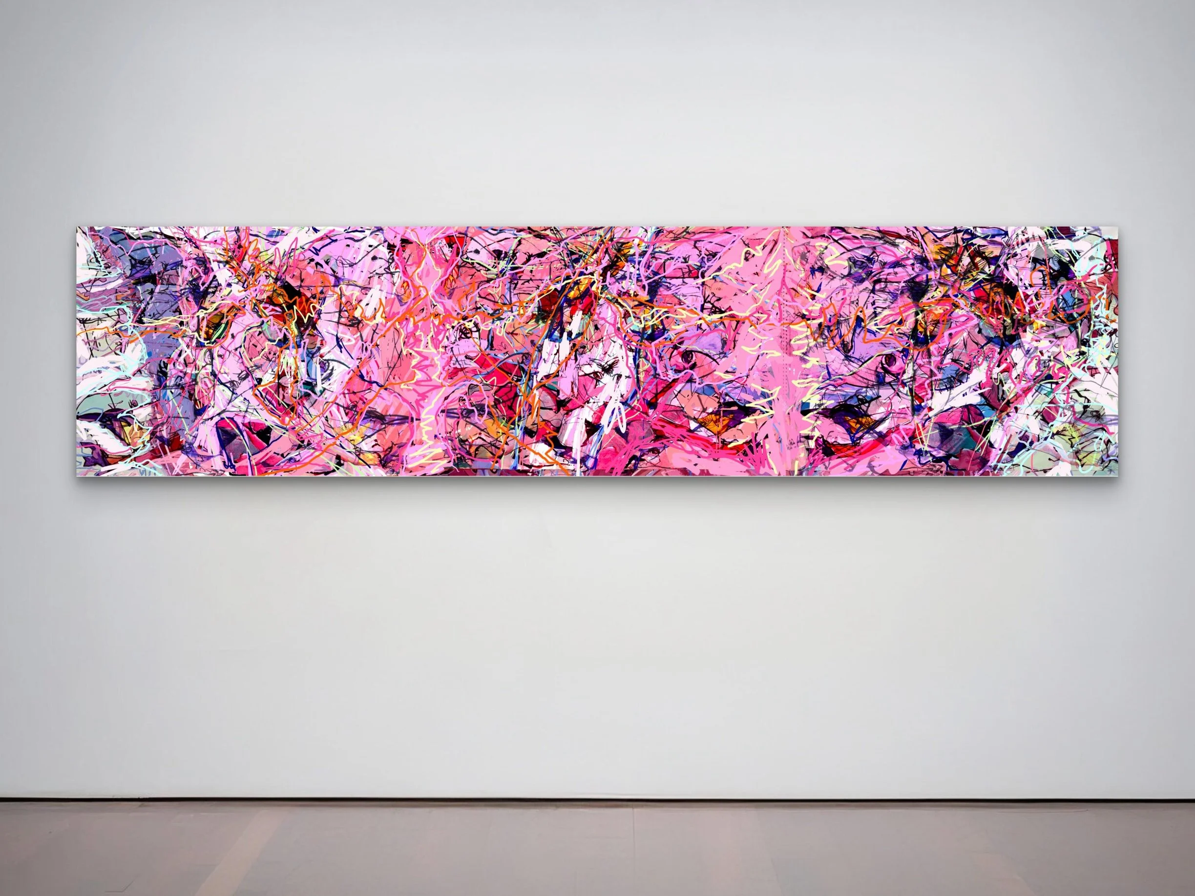 Large abstract colorful painting with pink, purple, black, white, and orange splashes and lines, displayed on a white gallery wall.
