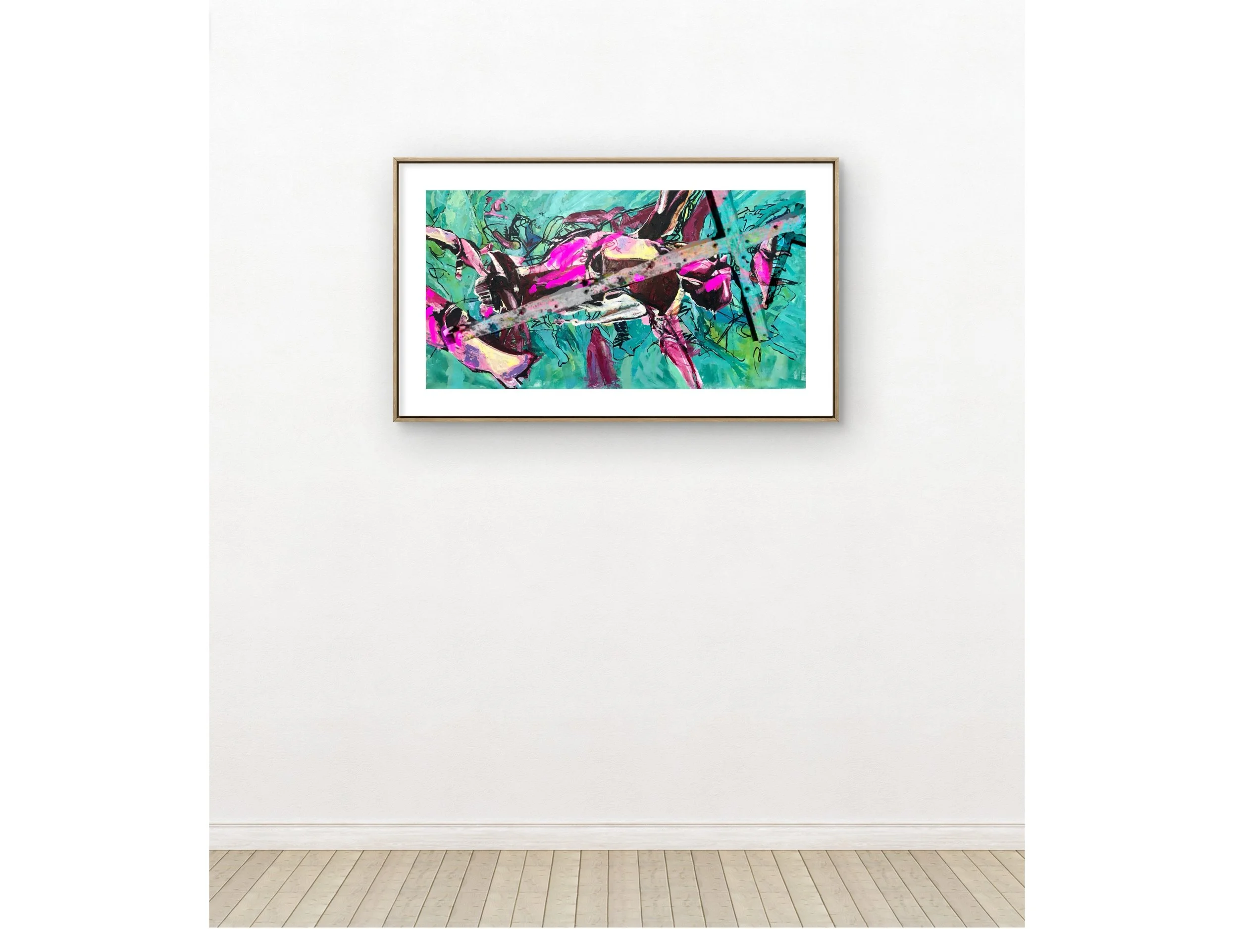 Colorful abstract painting of a dragonfly on a white wall in an art gallery.