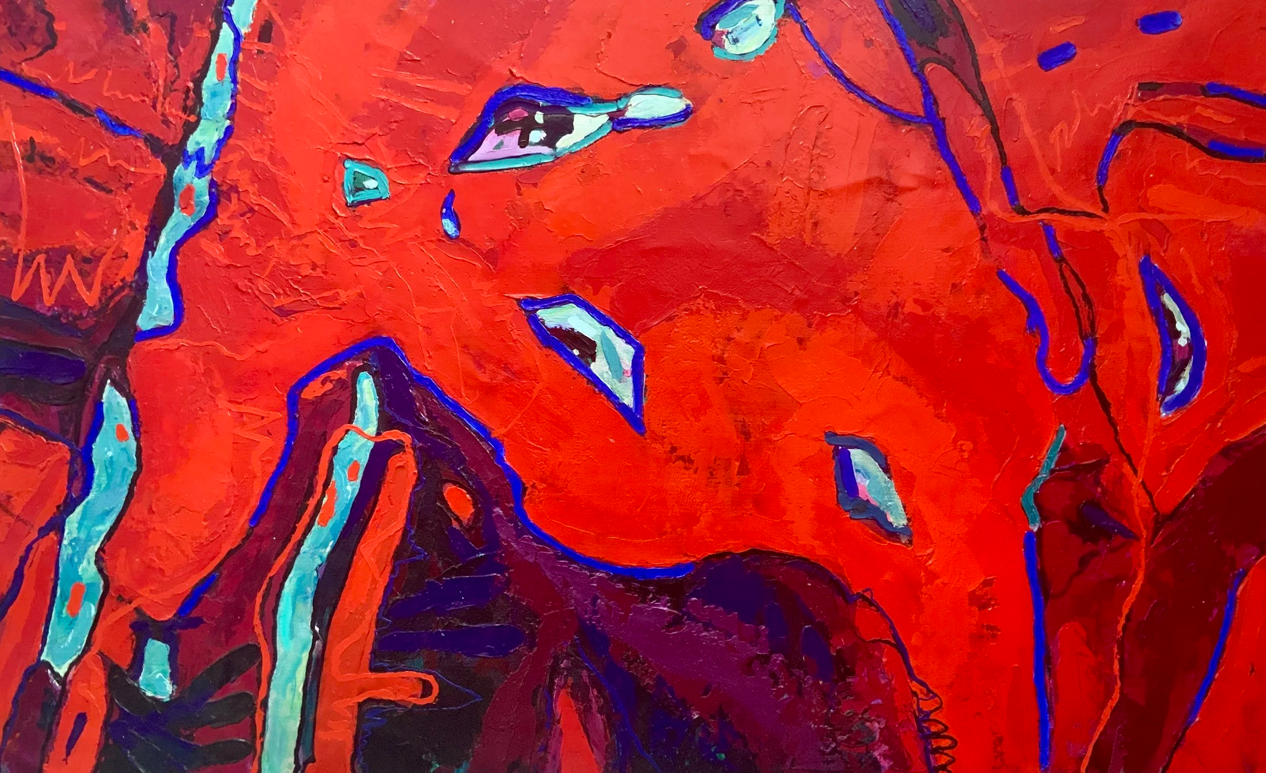 An abstract painting featuring a profile of a woman's face with vibrant red background, highlighted with shades of purple, blue, and aqua, with expressive brushstrokes and geometric shapes.