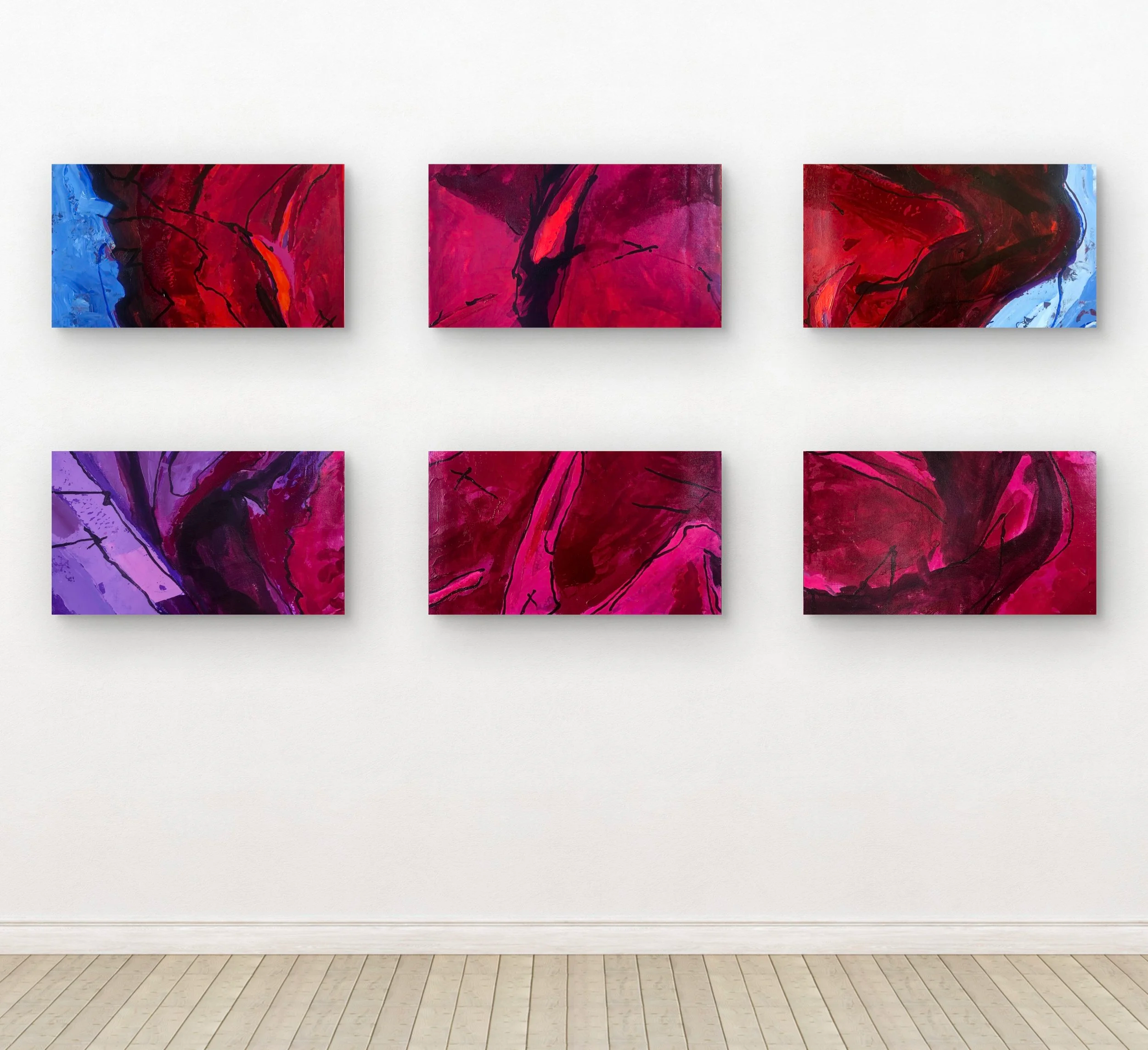 Six abstract paintings with swirling red, pink, purple, and blue colors, displayed on a white gallery wall.
