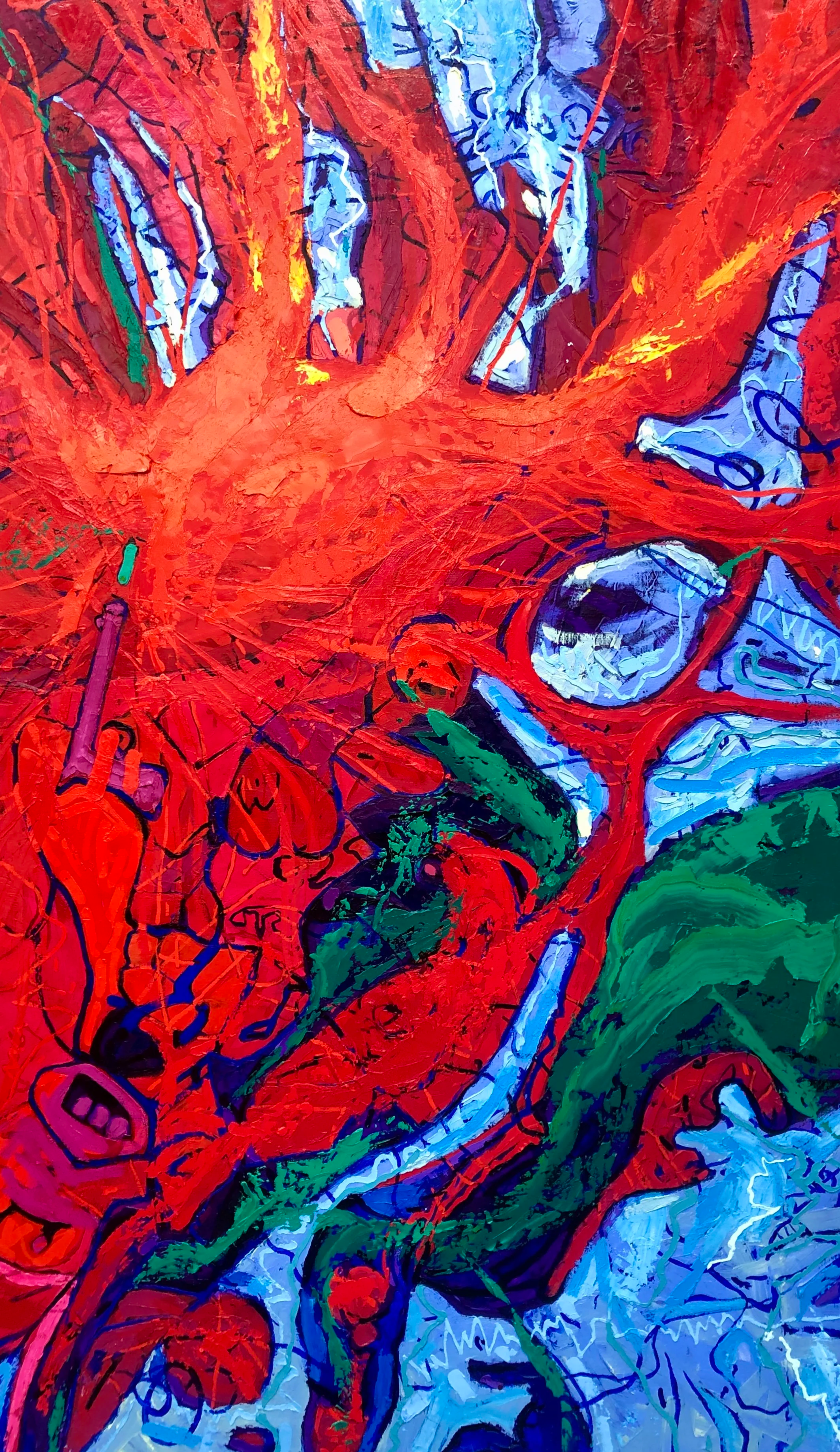 Close-up of an abstract painting with vivid red, blue, green, yellow, purple, and black brushstrokes, featuring chaotic lines and shapes.
