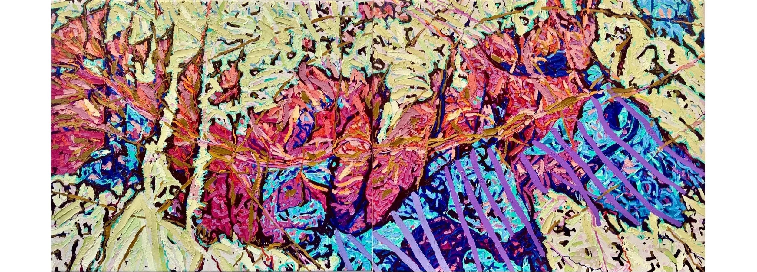 Colorful, abstract painting of a pumpkin with orange, yellow, and purple tones, surrounded by leaves.