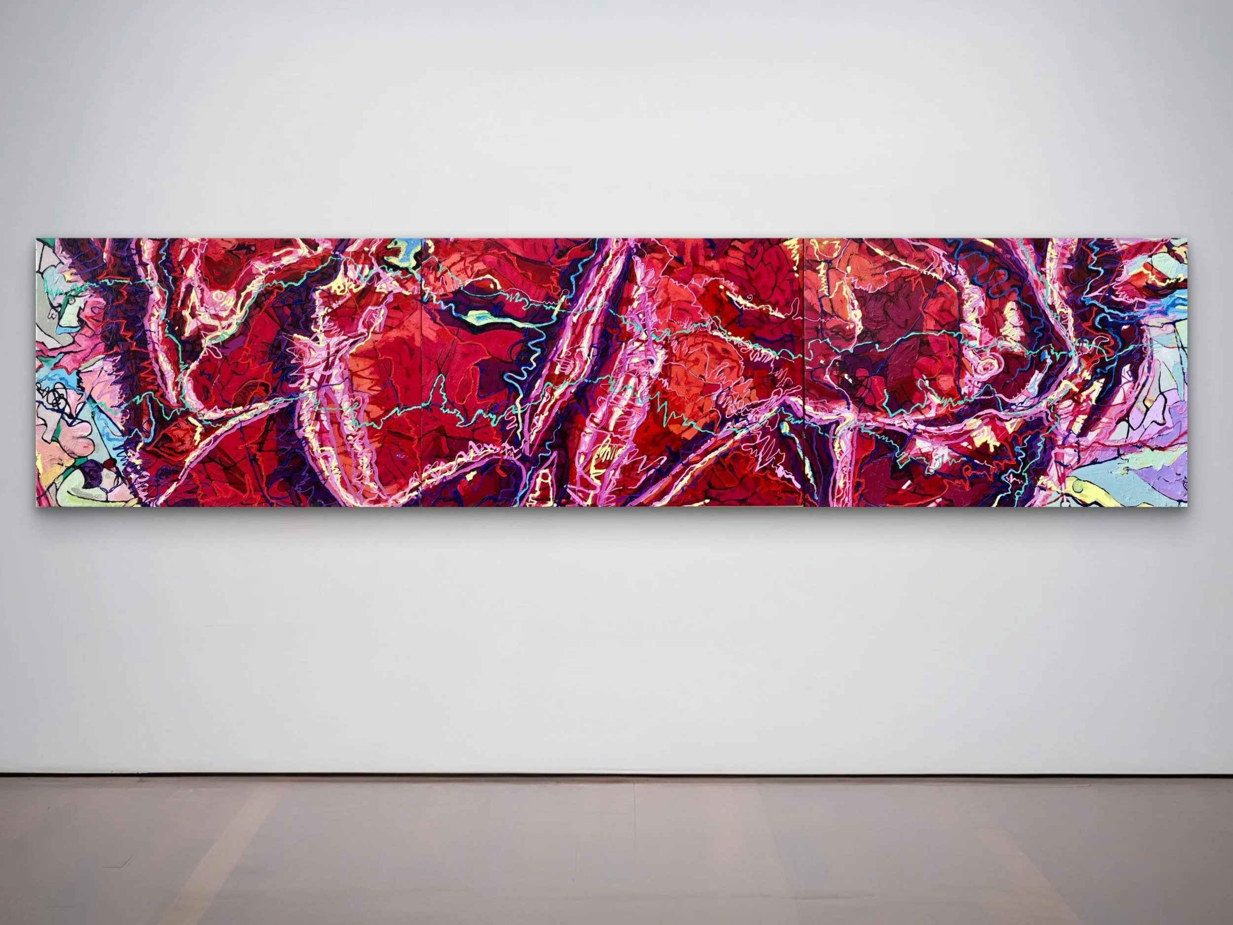 Large abstract painting with red, pink, and purple lines and shapes displayed in a modern art gallery.