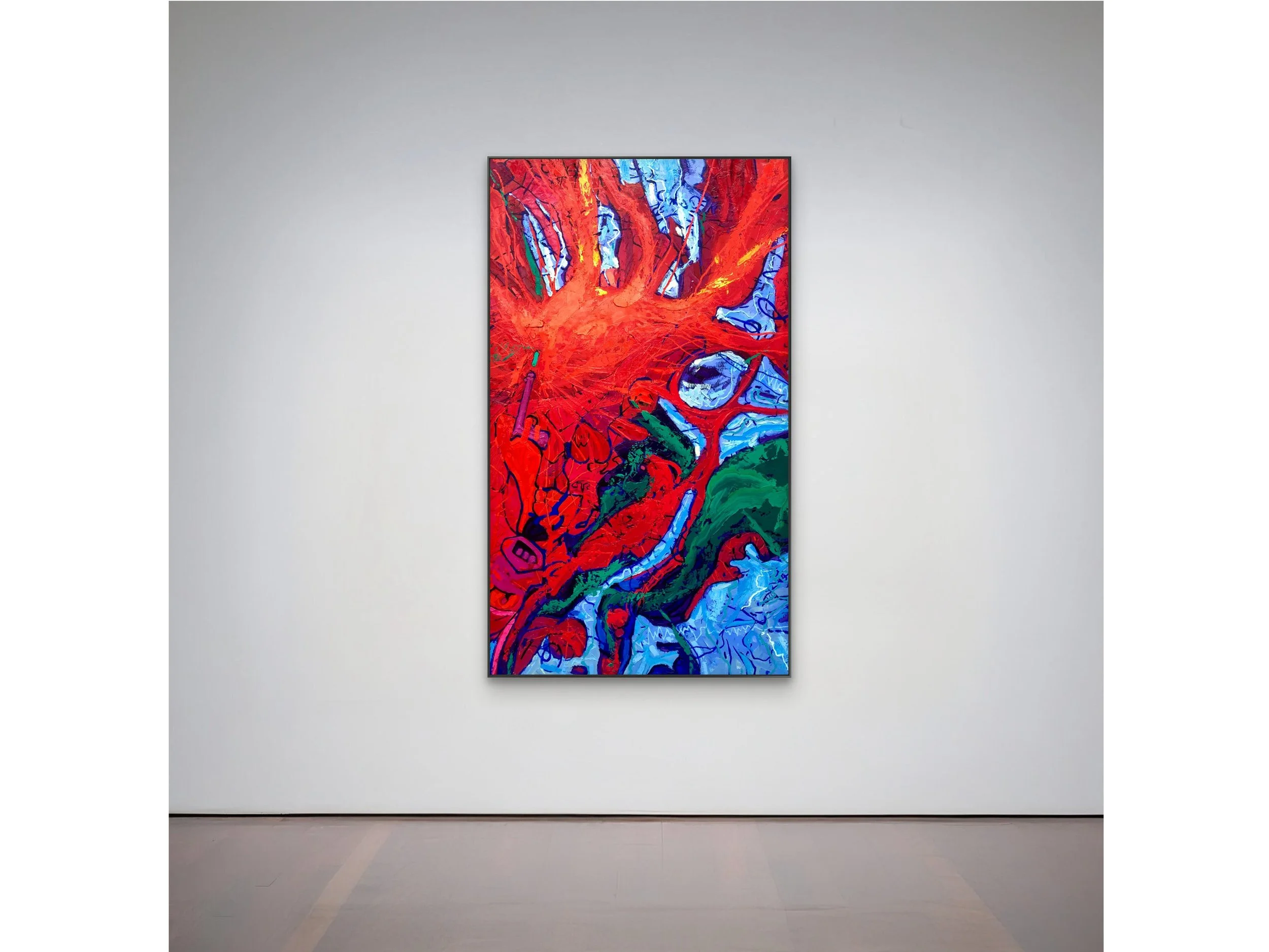 Colorful abstract painting with dominant red, blue, and green hues, displayed on a white gallery wall.