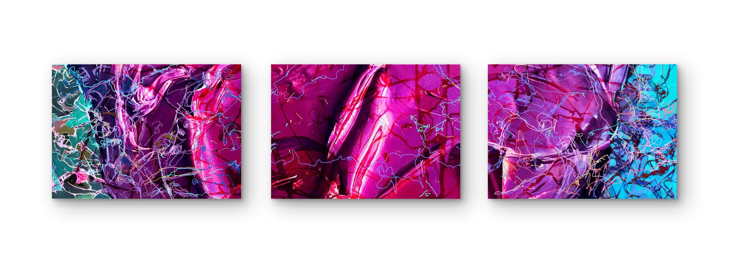 Three abstract colorful paintings with vibrant shades of pink, purple, blue, and green, featuring tangled neon lines and irregular shapes.