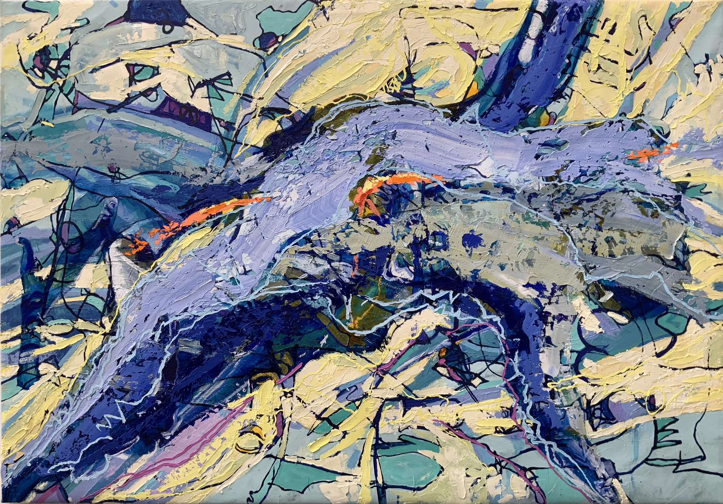 Abstract painting with a mix of vibrant colors including purple, yellow, blue, and hints of orange, depicting swirling and overlapping shapes and lines.
