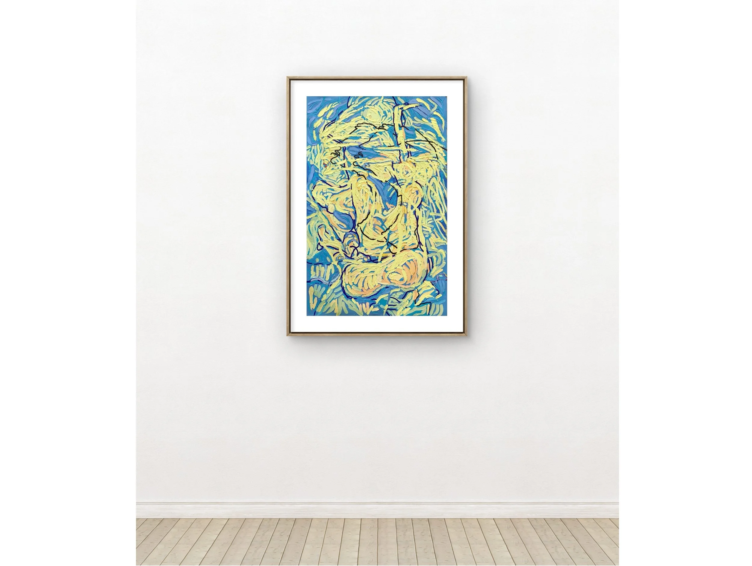 Colorful abstract painting with mostly yellow, blue, and green tones, displayed in a frame on a white gallery wall.
