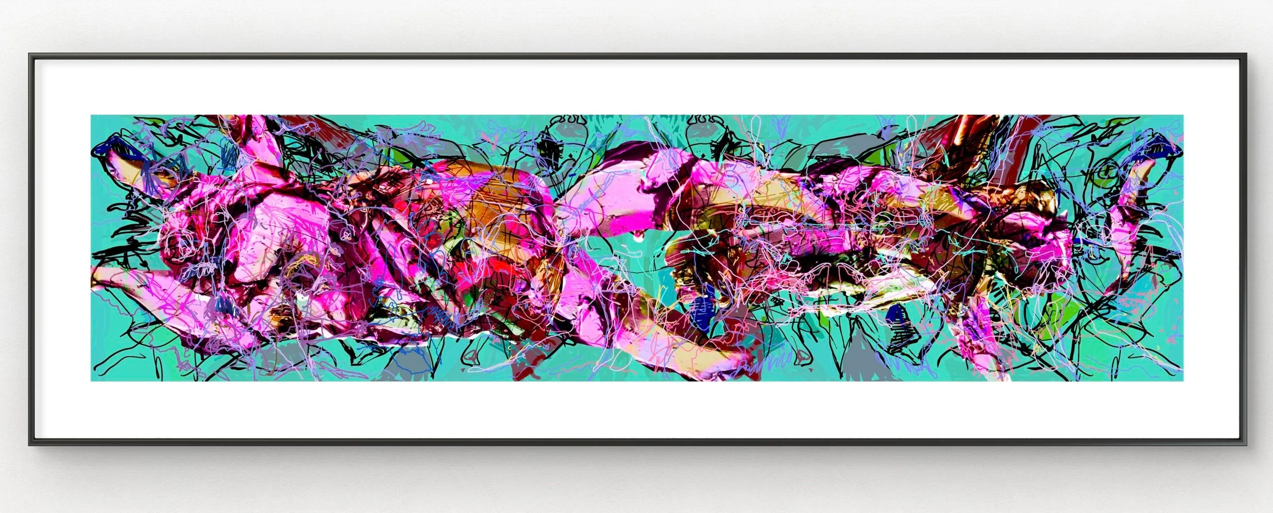 Abstract artwork with colorful, tangled lines and shapes on a turquoise background framed in black.
