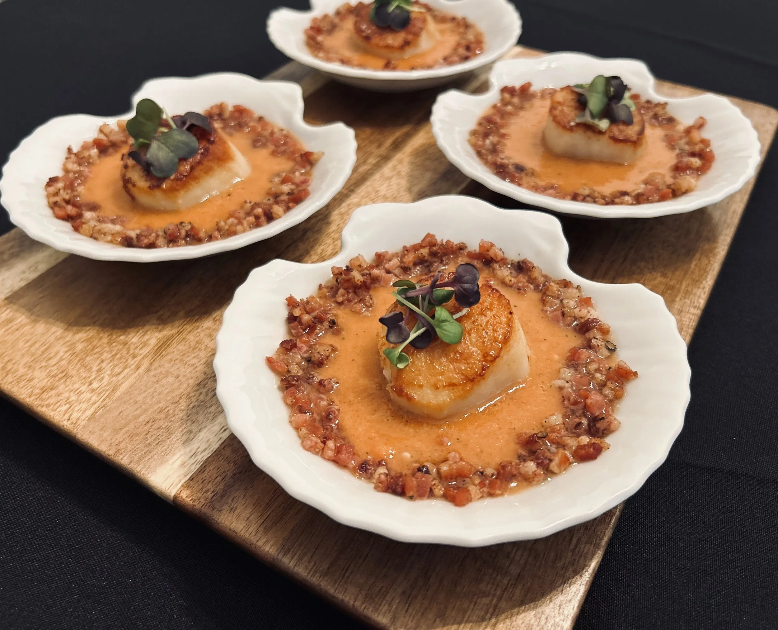 U10 Scallop, Red gazpacho, crispy Jowl Bacon, Micros.