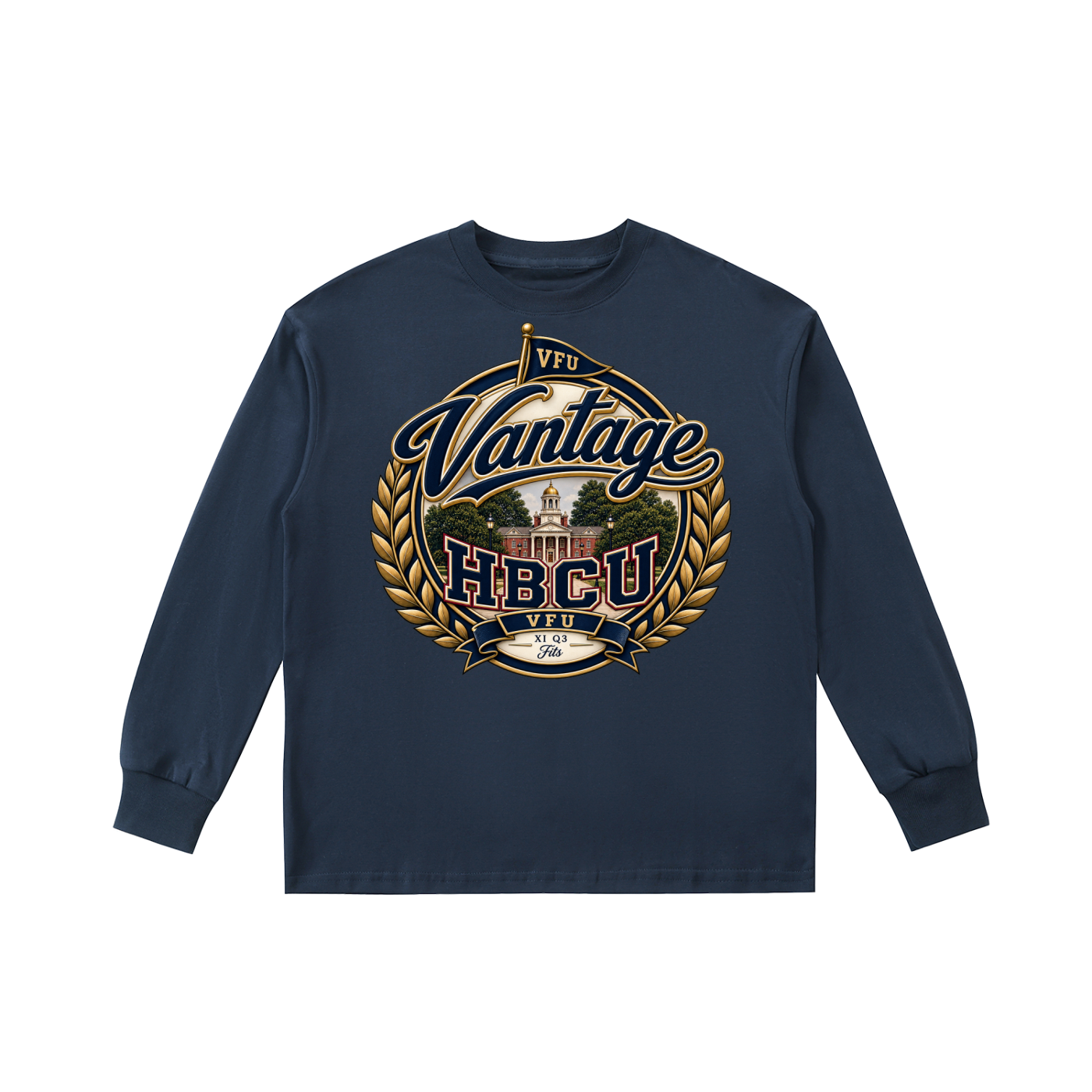 HBCU Kids' Quick-Dry Cotton Long-Sleeve navy Front.png