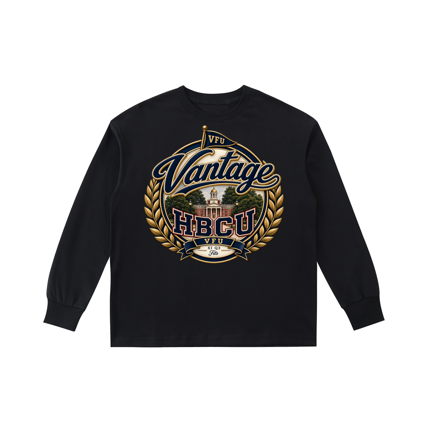 HBCU Kids' Quick-Dry Cotton Long-Sleeve Black Front.png