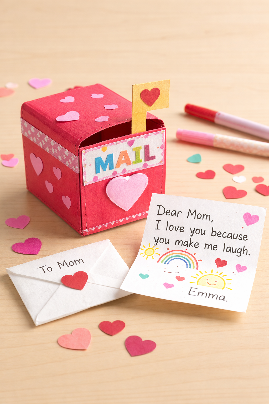 A pink mailbox decorated with hearts, with a yellow flag featuring a red heart. There are colorful paper hearts scattered around, along with a handwritten note and a small envelope, both addressed to Mom, expressing love and appreciation, with cheerful drawings like a rainbow and sunshine.