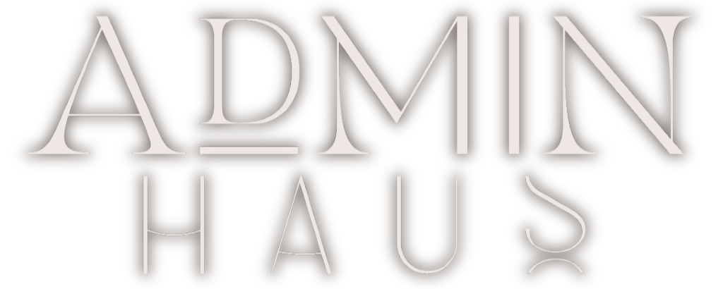 Text that reads "Admin Haus" in large, stylized white letters with a slight 3D effect on a black background.