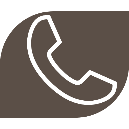 Icon of a traditional telephone handset in white on a dark brown background.